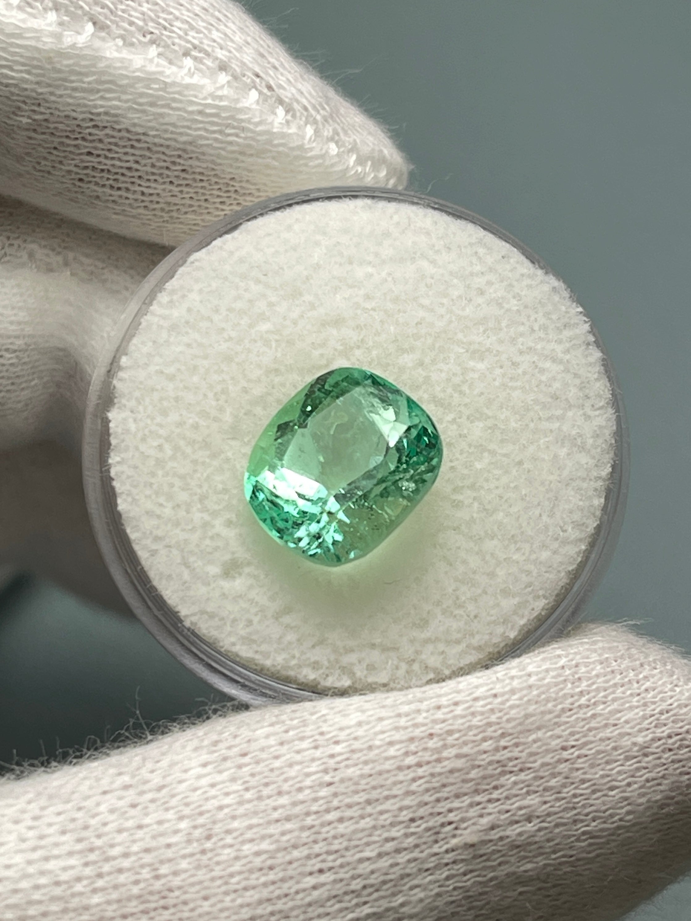 4.13 Carat 10x9mm Pastel Yellowish Green Natural Loose Colombian Emerald Cushion Cut Gemstone for Jewelry Making, Engagement Rings & Collector's Items