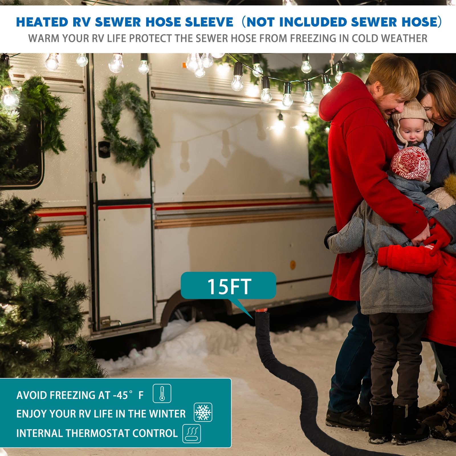 RV Heated Sewer Hose Cover Kit for Winter Camping -20°F Protection | Heated Waste Discharge Hose Sleeve for RV & Camper Accessories | 15ft Cold Weather Sewer Solution for Freezing Temperatures | Perfect for Snowy Campgrounds and Winter RV Trips