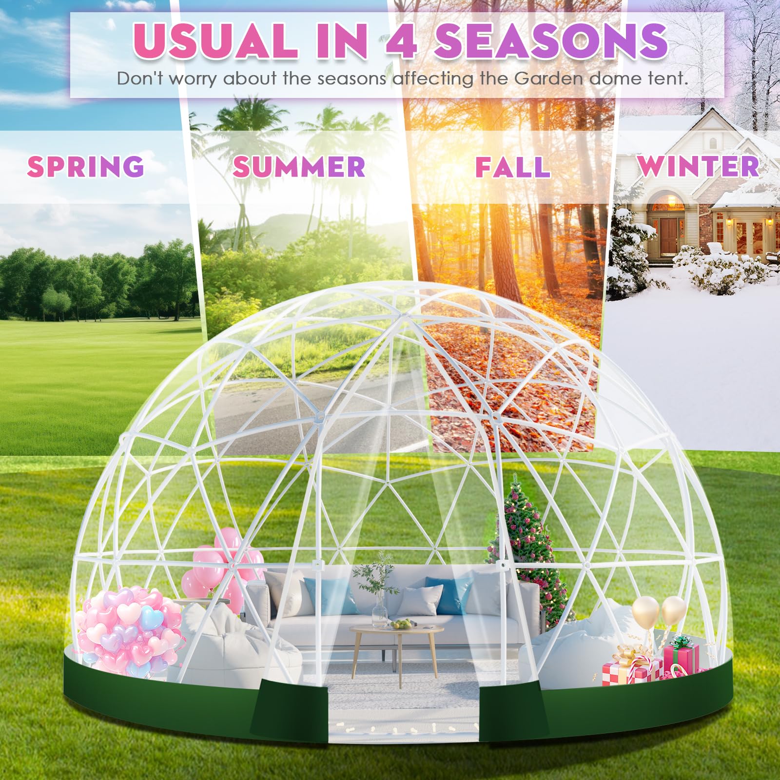 12FT Geodesic Dome Greenhouse Kit - Weatherproof Outdoor Garden Igloo with Clear PVC Cover & 2x10M LED String Lights - Perfect for Backyard Parties, Patio Gatherings & Year-Round Plant Growing (Green)