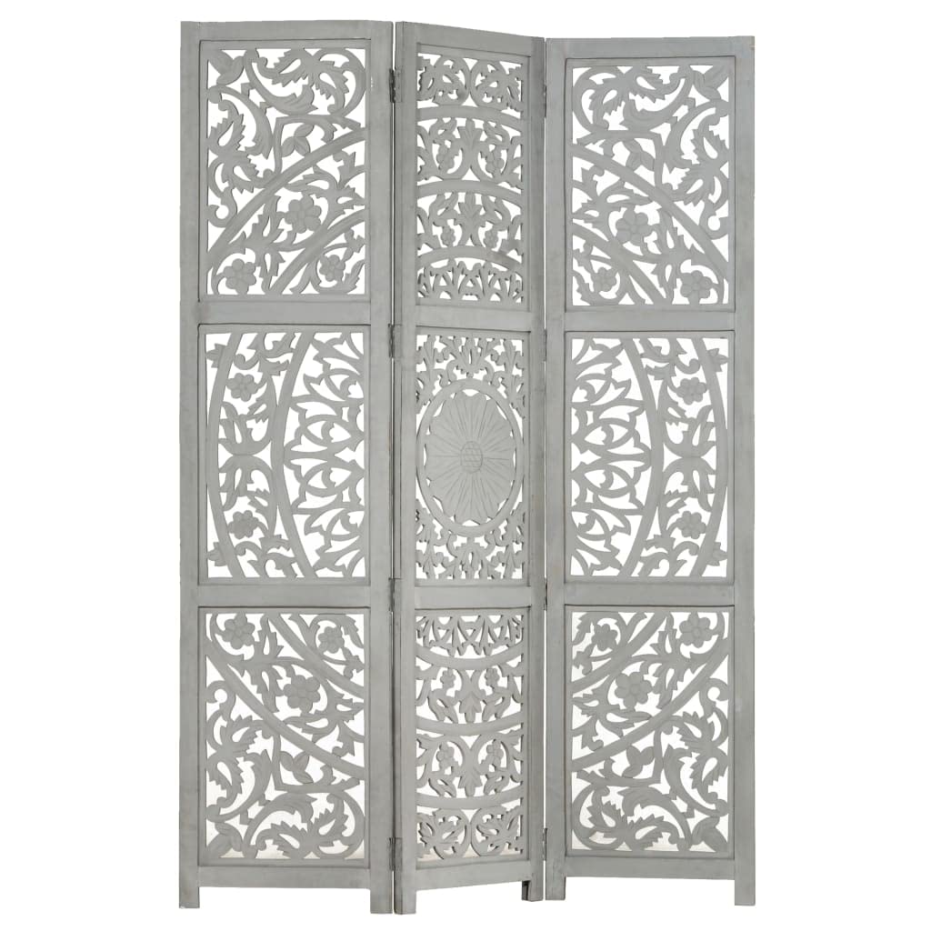 3 Panel Hand Carved Wood Folding Room Divider Privacy Screen - Portable Space Partition with Hinged Panels in Gray | Perfect for Home Office, Bedroom Separation & Studio Privacy