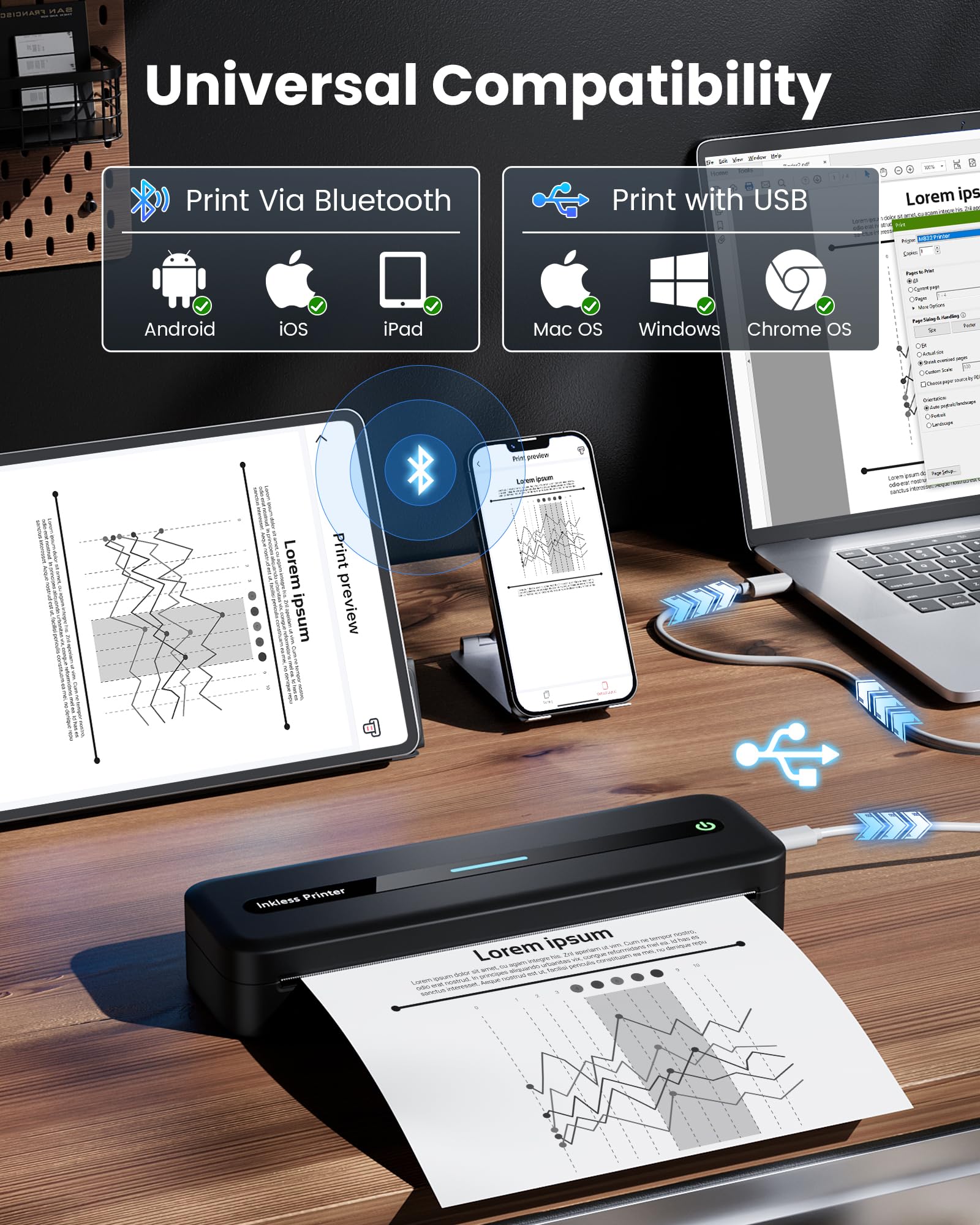 Itari Wireless Portable Printer - Bluetooth Thermal Printer for Android & iOS, Compact Inkless Printer for Travel, Home, School, Office (Supports A4 & US Letter) - Print Receipts, Labels & Documents On-The-Go