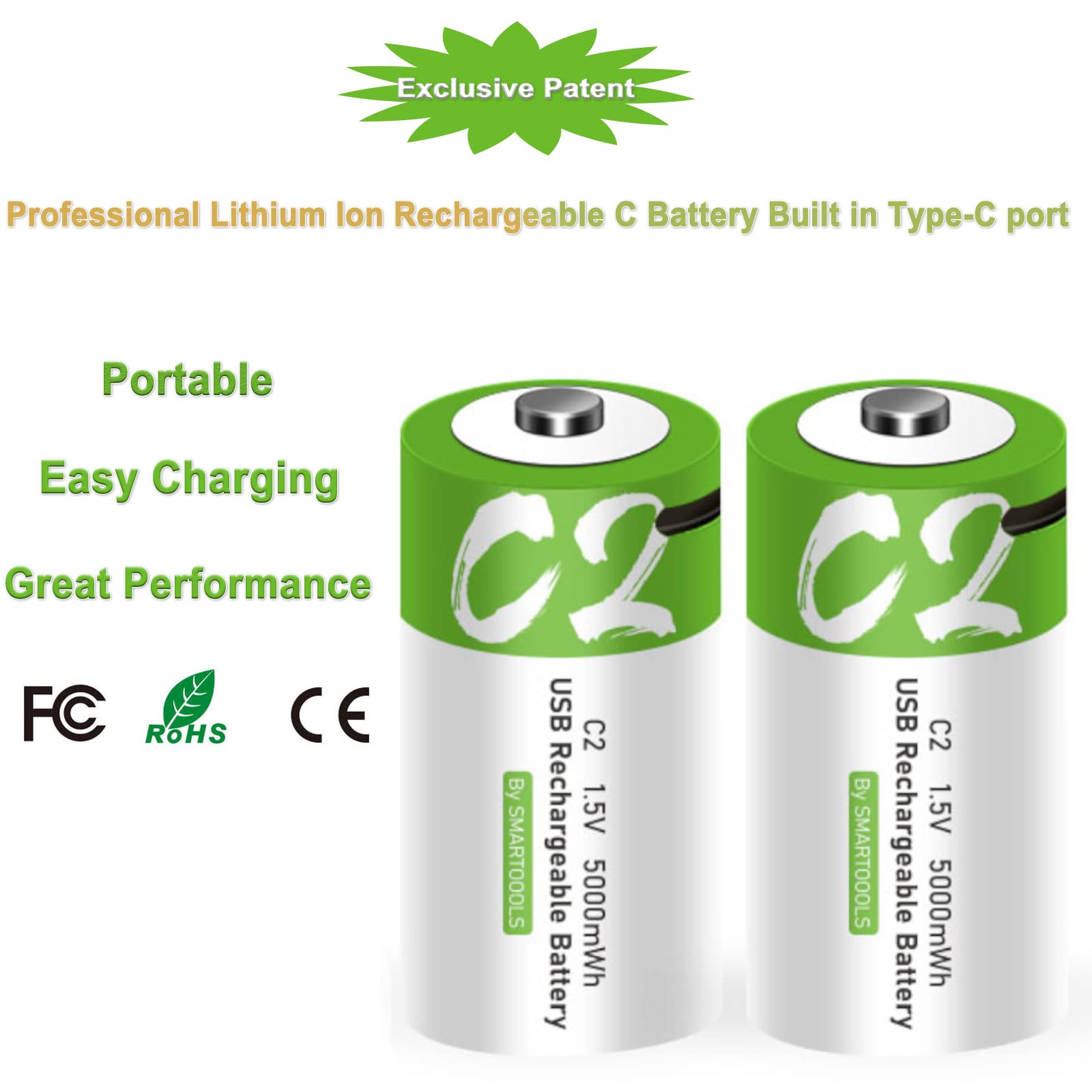 4 Pack Rechargeable C Batteries 5000mWh - 1.5V Lithium Ion C Cell Batteries with USB Type-C Charging for Flashlights, Toys, Clocks & Emergency Devices