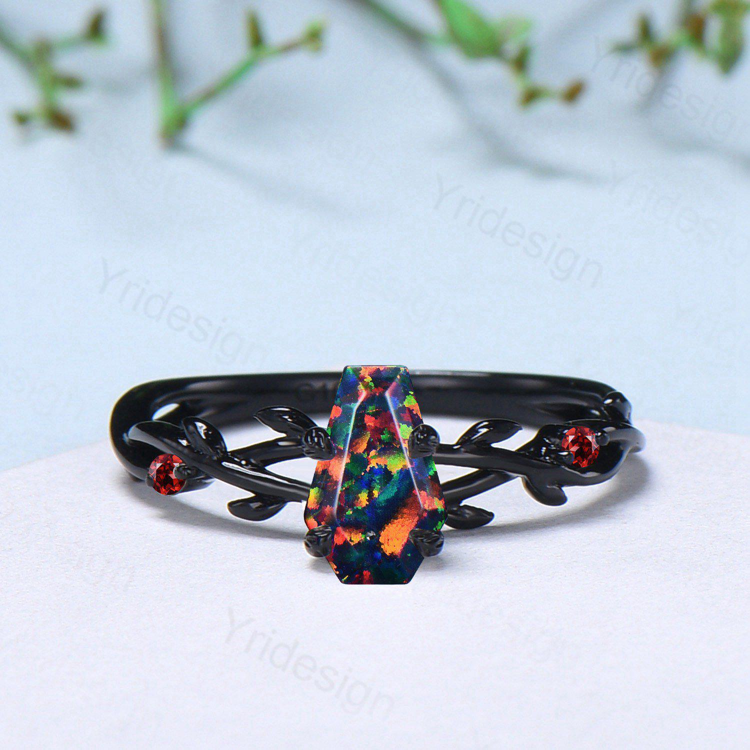 Black Gold Fire Opal Promise Ring - Nature Inspired Leaf Branch Design with Black Opal & Garnet - Gothic Engagement Ring, Wedding Band, Anniversary Gift for Her - Perfect for Boho, Vintage & Alternative Jewelry Lovers