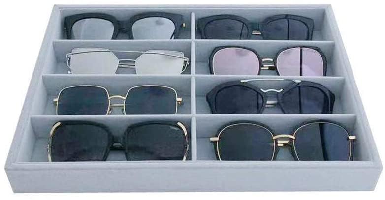 Premium Velvet Grey Jewelry Tray - Stackable Eyewear Organizer & Drawer Insert Divider for Sunglasses, Watches, Rings - Perfect for Bedroom Vanity, Travel Case & Gift Box Organization
