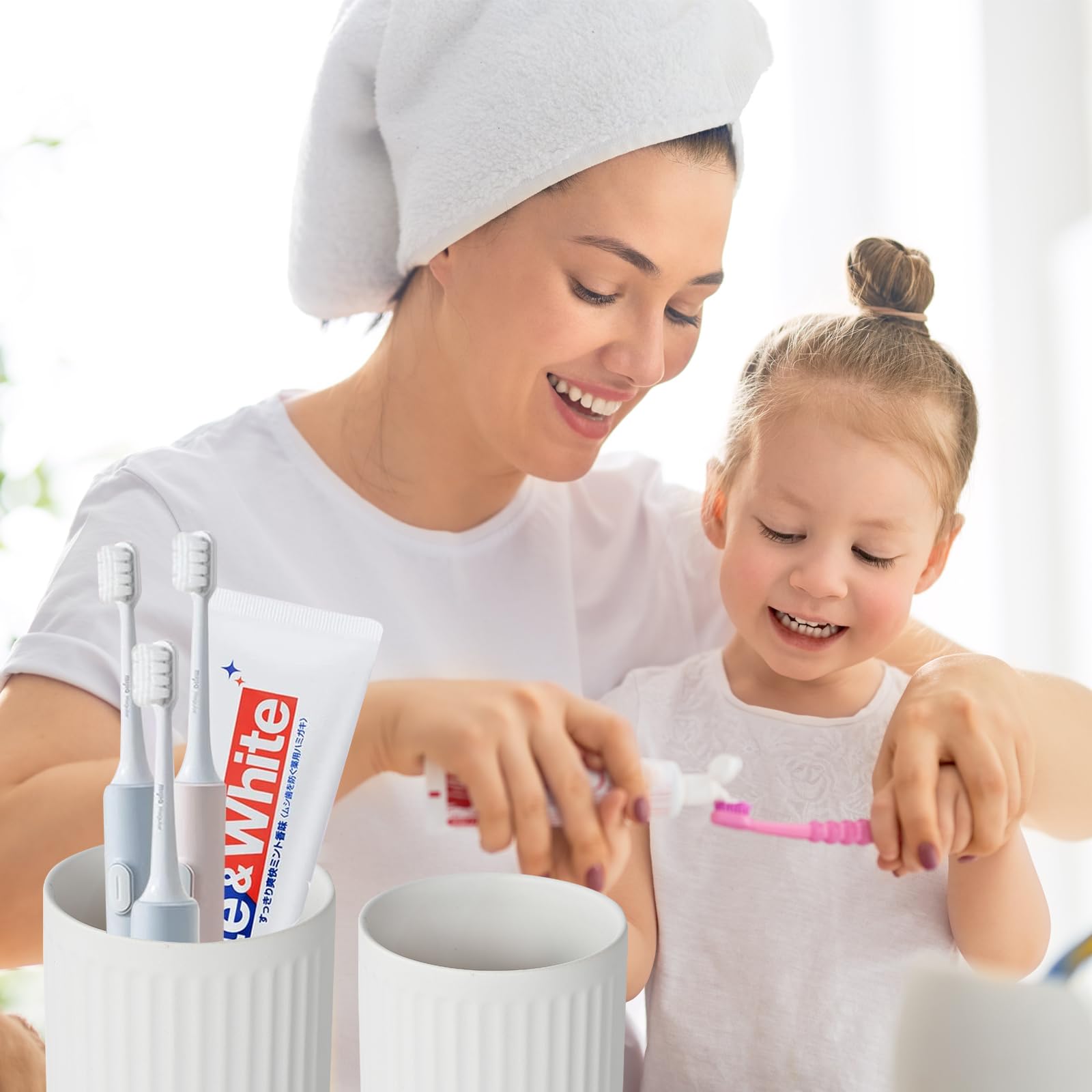 White Ceramic Toothbrush Holders Set of 2 - Bathroom Counter Organizer with Toothpaste & Mouthwash Cup | Durable Reusable Toothbrush Storage for Modern Bathrooms, Sink Vanity & Guest Bath Organization