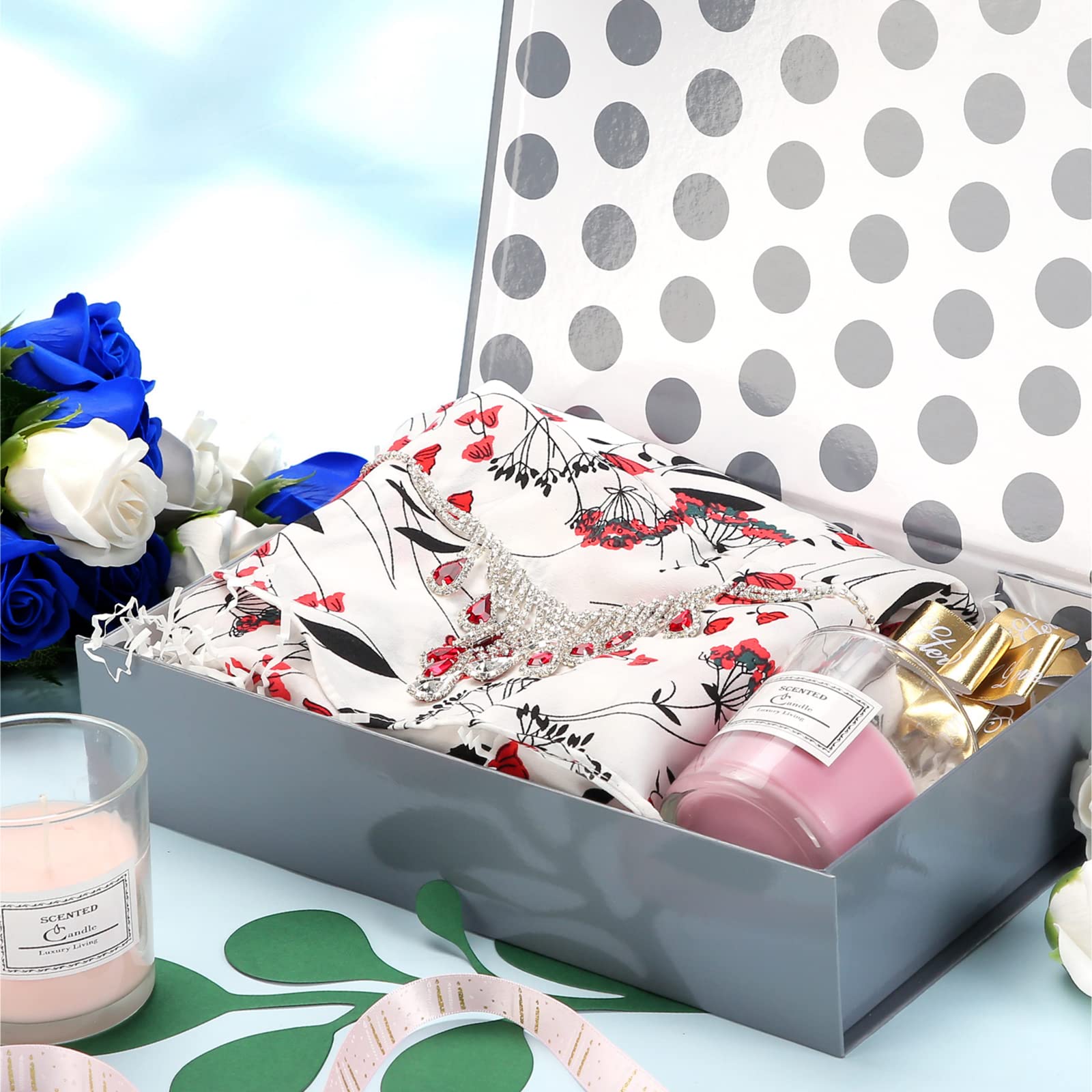 Premium Grey Magnetic Closure Gift Box 11x7.8x2.3 Inches - Elegant Glossy Metallic Finish with Polka Dot Lining - Perfect for Shirts, Jewelry & Luxury Gifts - Wedding, Birthday & Corporate Present Packaging