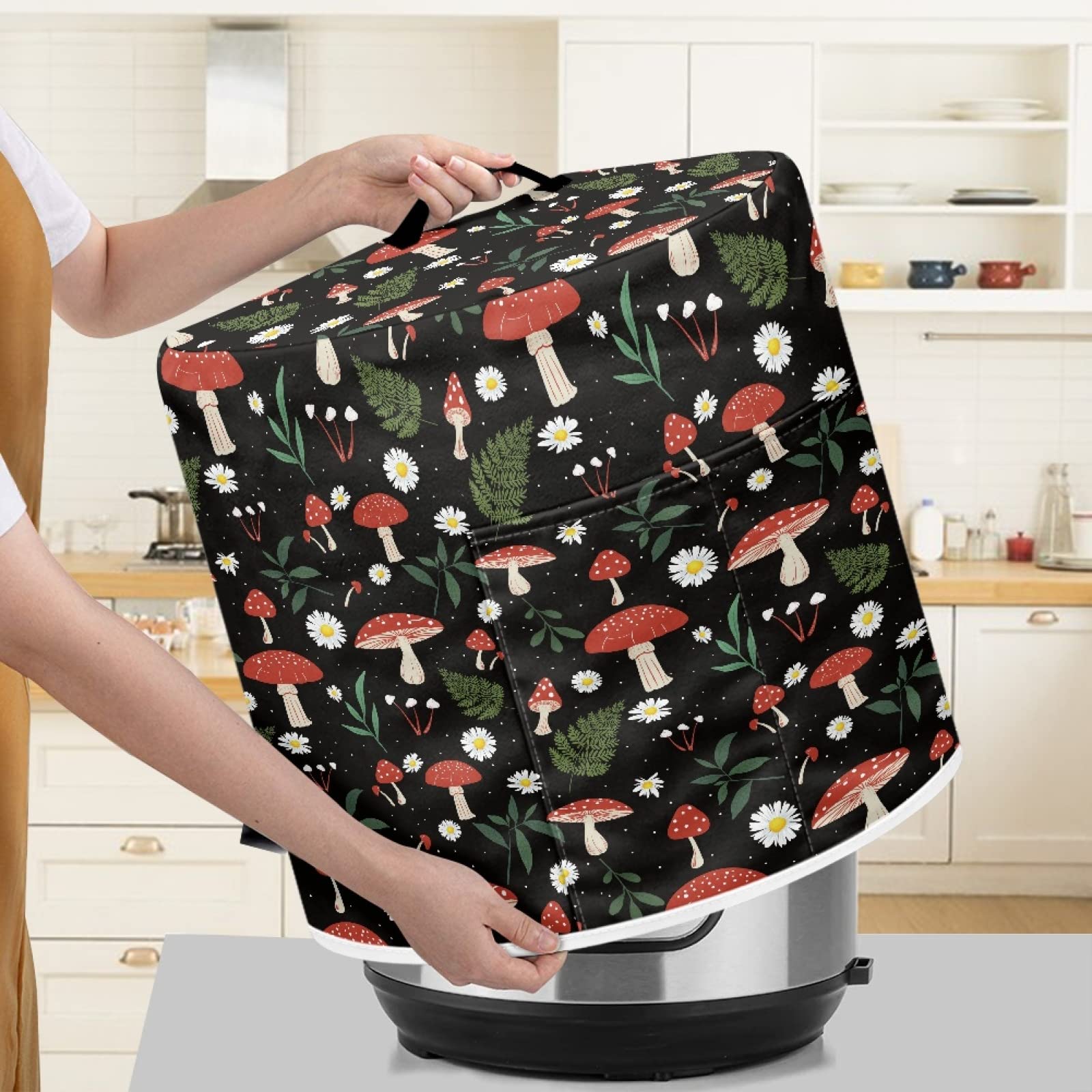 Xoenoiee 3 qt Black Mushroom Leaves Daisy Floral Print Pressure Cooker Cover - Universal Kitchen Appliance Dust Protector for Air Fryer, Rice Cooker, Stand Mixer & Steamer - Perfect for Home Cooking & Countertop Organization