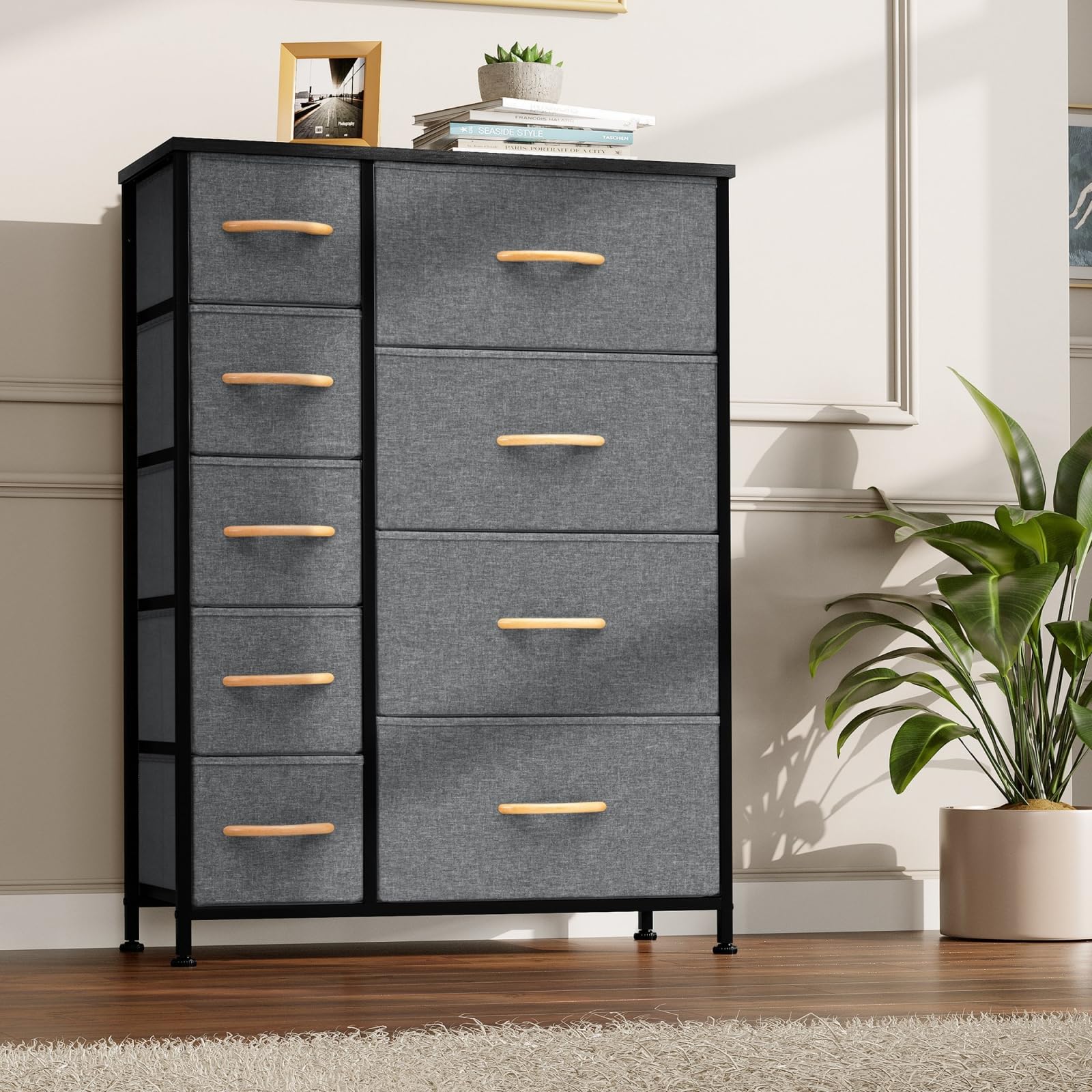 Crestlive 9-Drawer Tall Dresser for Bedroom - Vertical Storage Tower with Sturdy Steel Frame & Fabric Bins | Wood Handles Closet Organizer | Perfect for Hallway, Entryway & Small Spaces (Gray) - Space-Saving Bedroom Furniture & Home Organization Solution