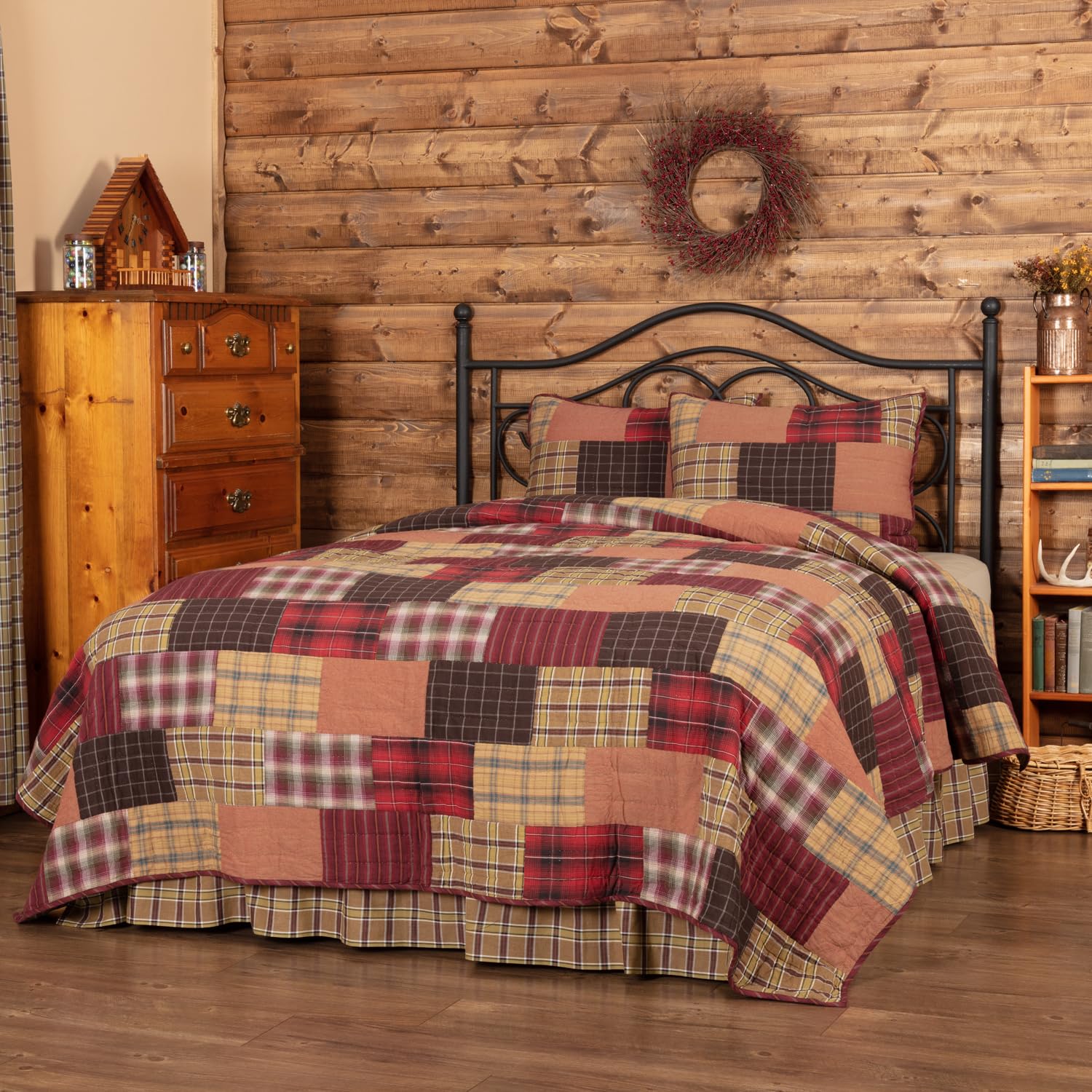 VHC Brands Wyatt Plaid Cotton Rustic Pre-Washed Quilt Sham King Size - Farmhouse Bedding Set in Patchwork Tan - Perfect for Rustic, Farmhouse & Country Style Bedrooms