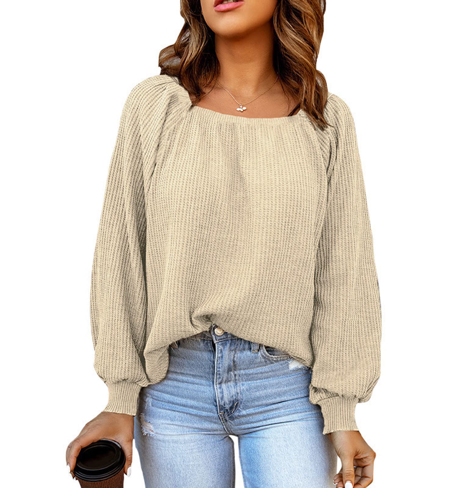 UATKIMI Women's Casual Waffle Knit Square Neck Long Sleeve Shirt - Loose Fit Lantern Sleeve Top for Fall & Winter | Perfect for Office, Dating & Everyday Wear
