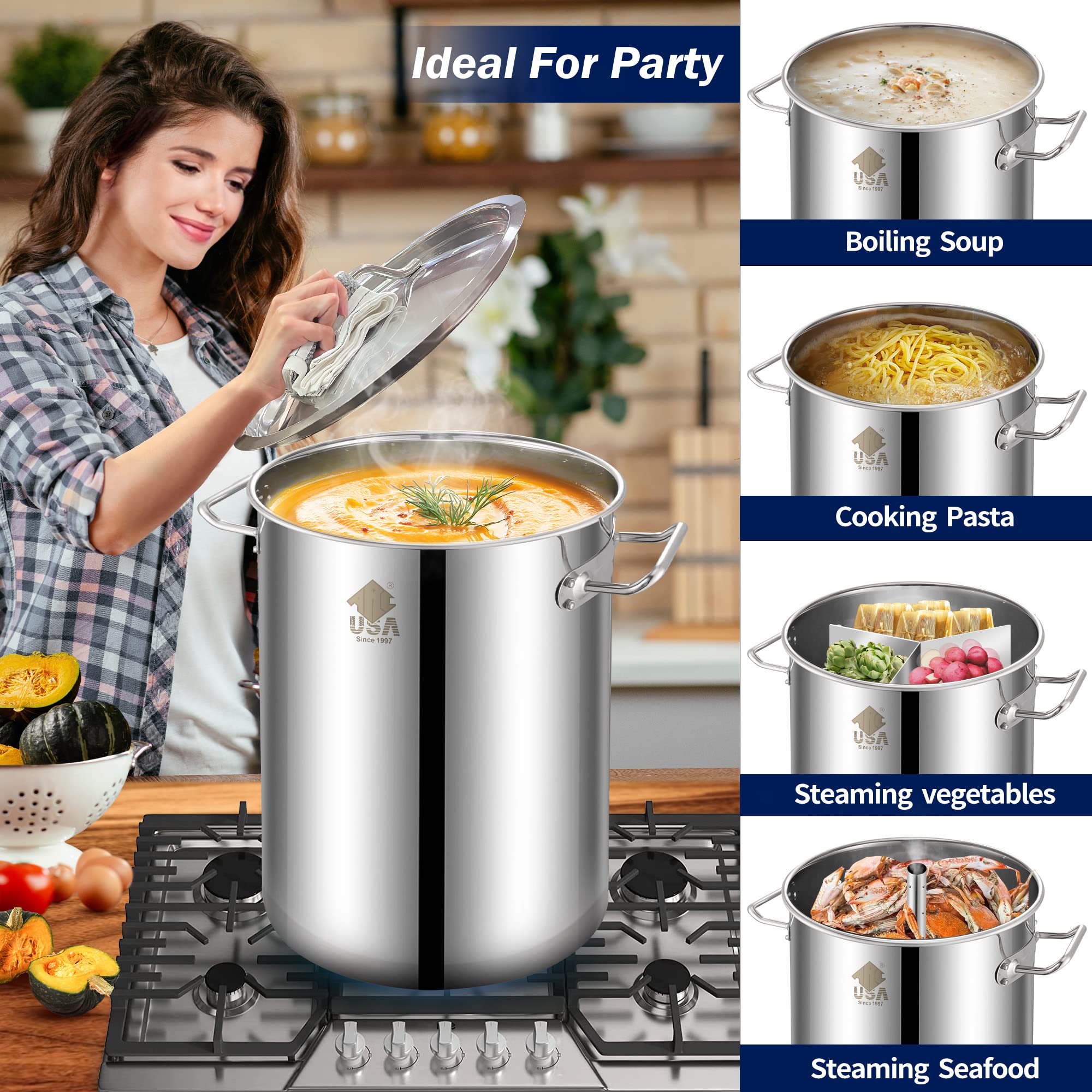 32QT Stainless Steel Stock Pot with Basket & Steamer Rack - 6-Piece Cookware Set for Seafood Boil, Crawfish, Crab, Shrimp, Lobster | Turkey Fryer Pot & Tamale Steamer with Strainer | Perfect for Outdoor Cooking, Family Gatherings & Large Batch Meals