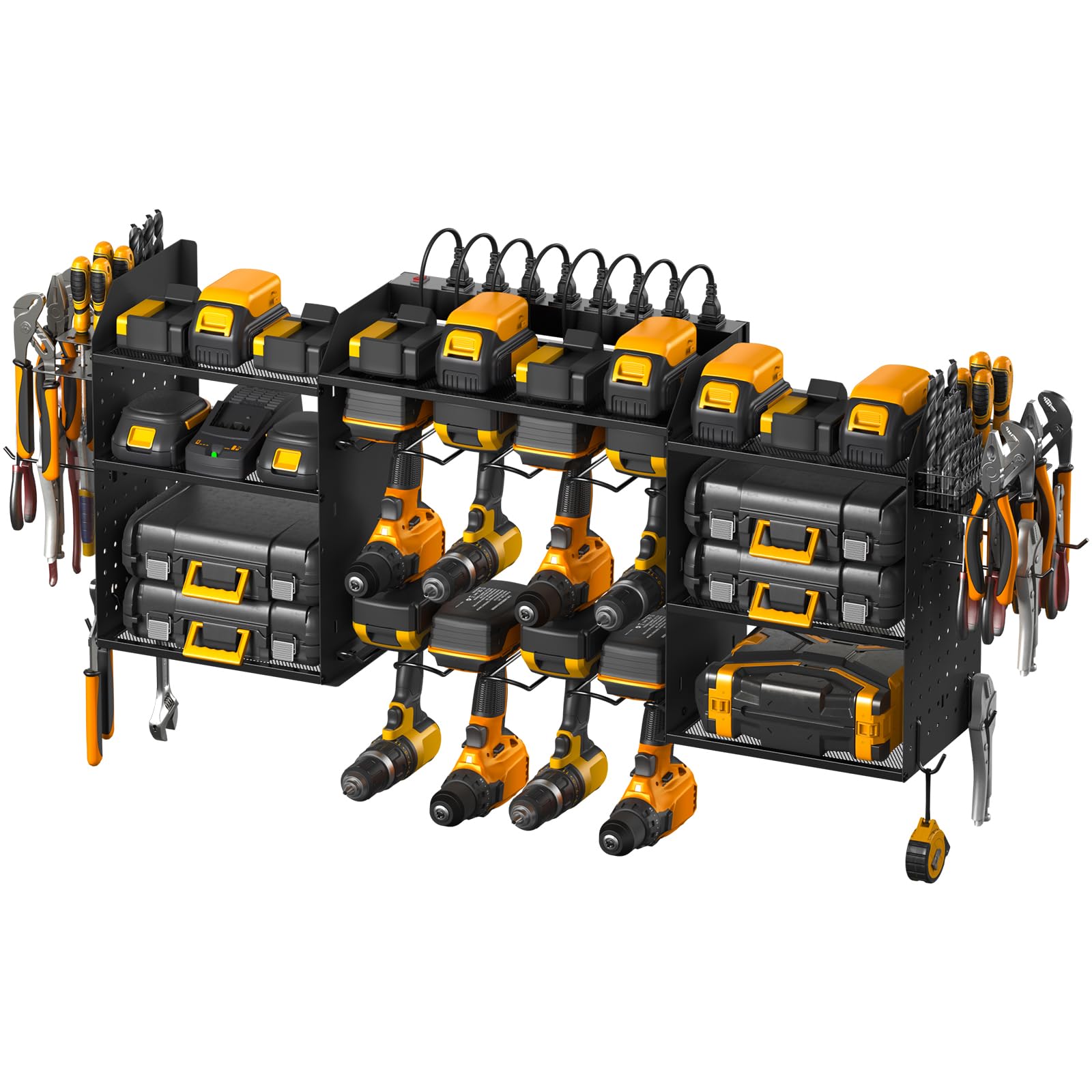 CCCEI 39-Inch Large Black Wall-Mounted Power Tool Organizer with 10FT Power Strip - 8 Drill Battery Holder & Garage Storage Rack for Pegboard Hanging - Perfect for Workshop, Garage, and DIY Tool Organization