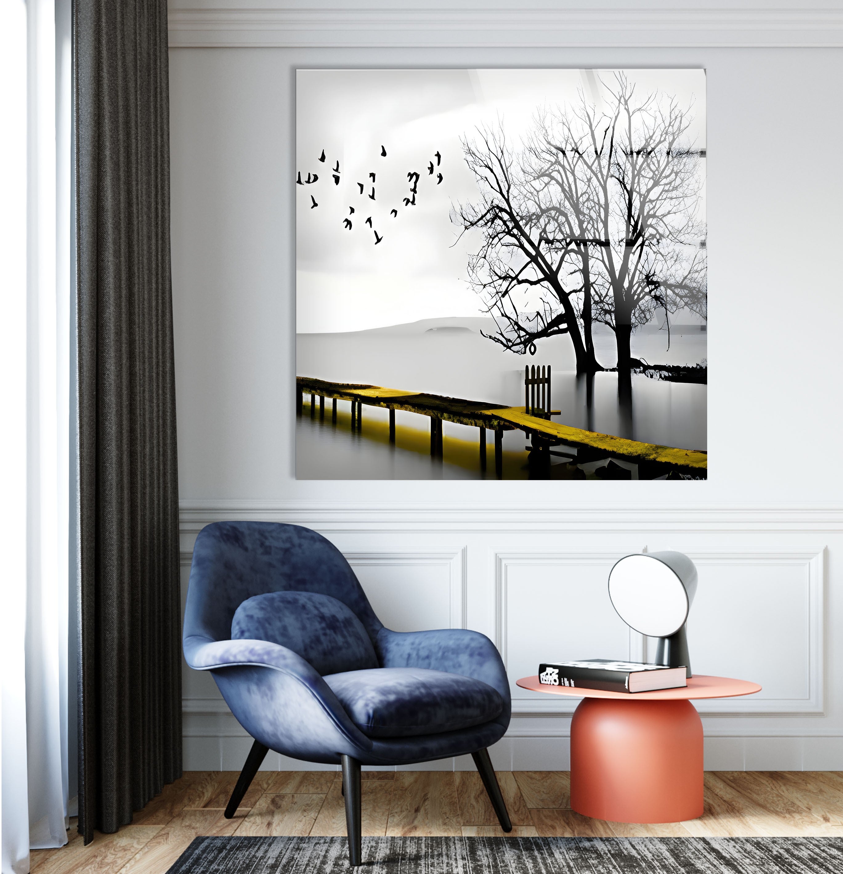 Black and White Dock & Birds Glass Wall Art - Elegant Coastal Decor for Living Room, Bedroom, or Office