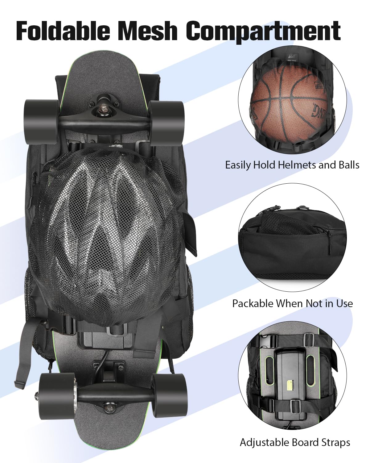 WOLT Skateboard Backpack - 15.6 Inch Laptop Backpack for Men & Women, Waterproof Sports Backpack with Ball Holder & USB Charging Port - Perfect for Skateboarding, School, Travel & Outdoor Activities