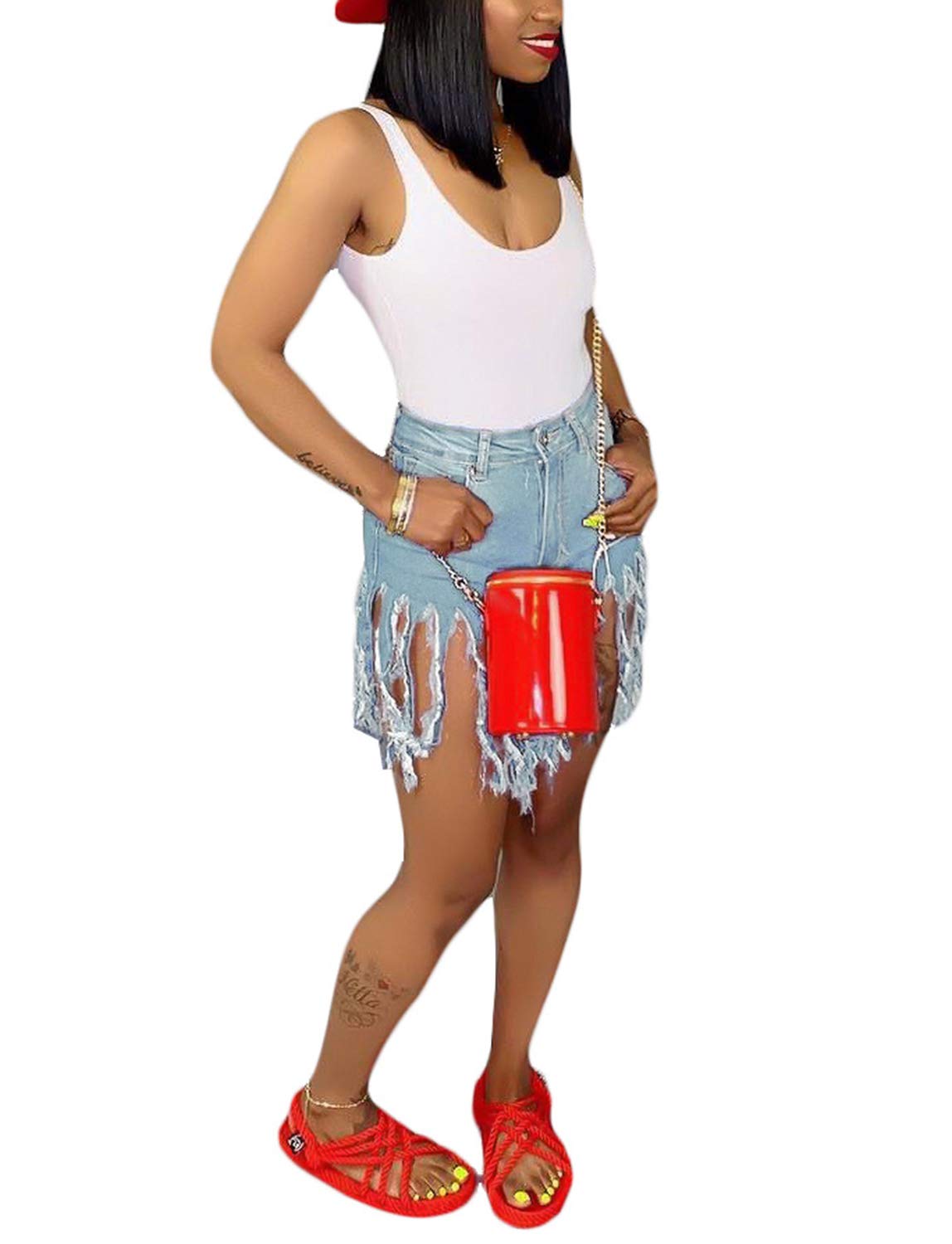 SIAEAMRG Women's High Waisted Denim Shorts with Frayed Raw Hem & Tassels - Trendy Juniors Distressed Jean Shorts for Summer Outfits, Beach Vacations & Casual Street Style