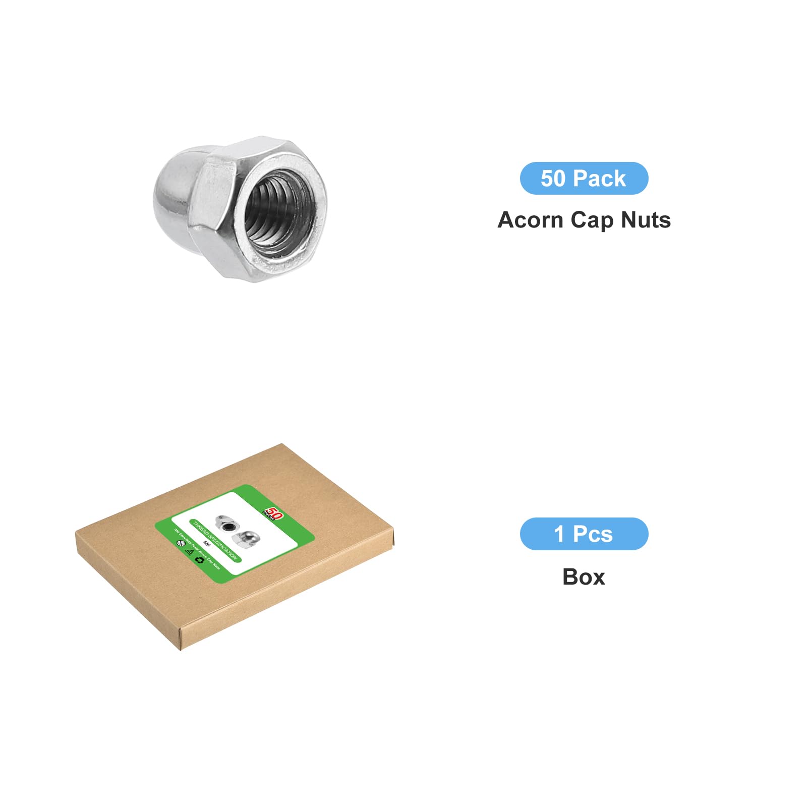 uxcell 50Pcs M6x1.0 304 Stainless Steel Acorn Cap Nuts - Dome Head Hex Nut for Bolt Cover Protection, Rustproof Hardware Fasteners (Silver) - Perfect for Furniture Assembly, Automotive & DIY Projects