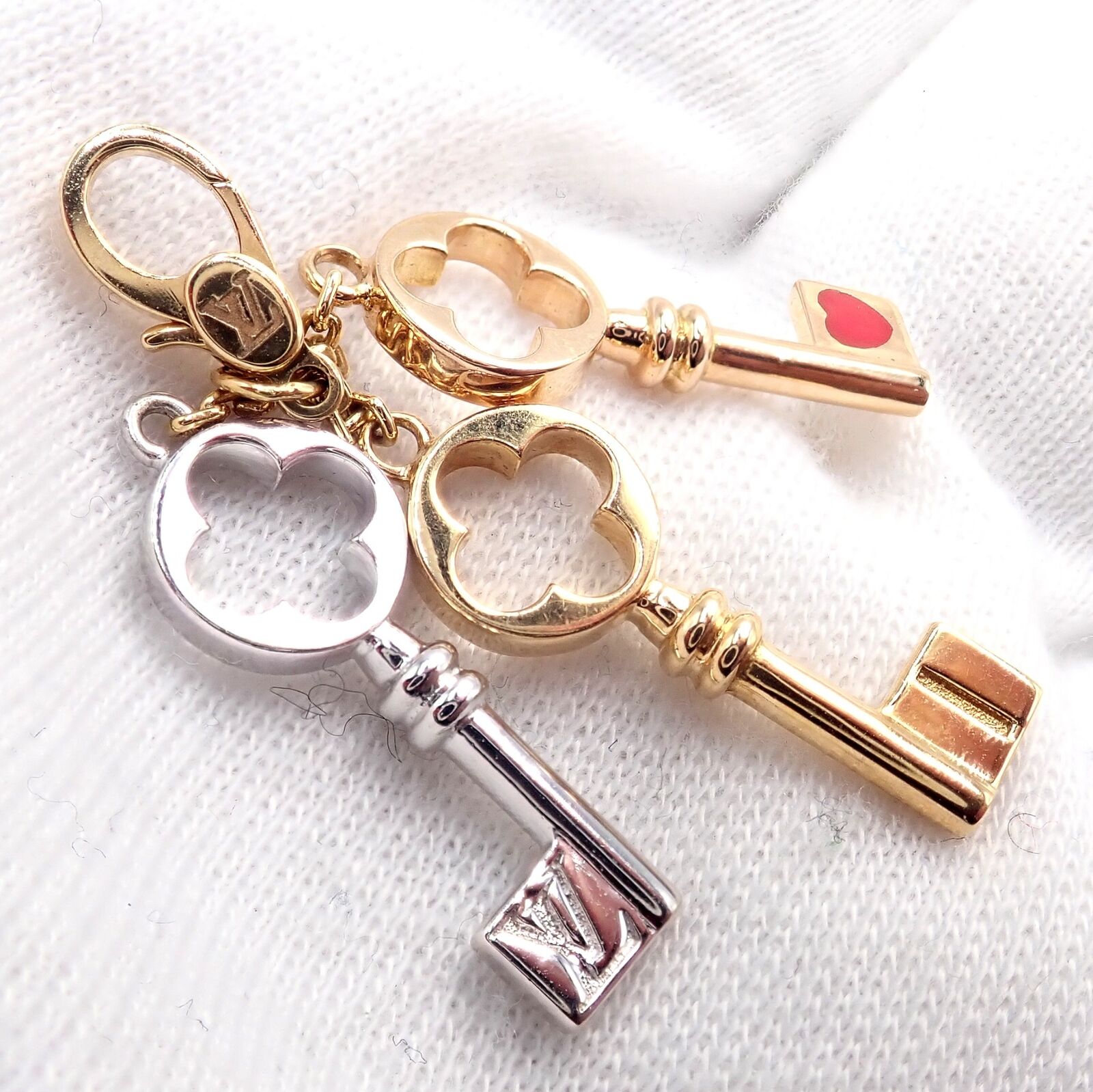 Authentic Louis Vuitton LV 18k Tri-Color Gold Enamel Heart Key Charm Pendant - Luxury Jewelry for Women, Gift for Her, Valentine's Day & Anniversary Present