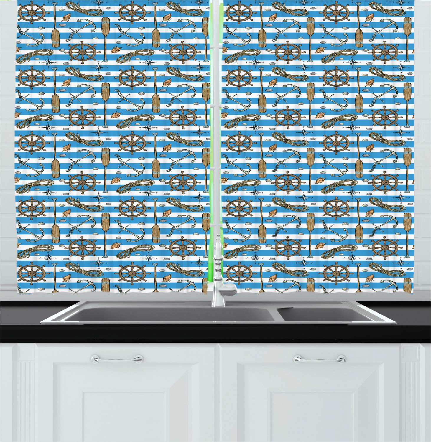 Ambesonne Nautical Long Kitchen Curtains - Sailor Striped Cruise Theme Window Drapes with Rod Pocket, 55