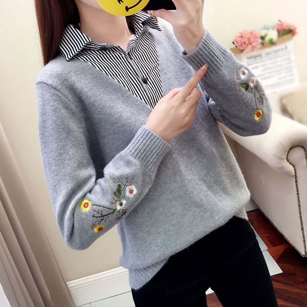 YFQHDD Women's Knitted Sweater with Floral Embroidery & Stripes - Long Sleeve Casual Pullover for Spring & Autumn (Gray, Size L) | Perfect for Office Wear, Date Nights & Weekend Outfits