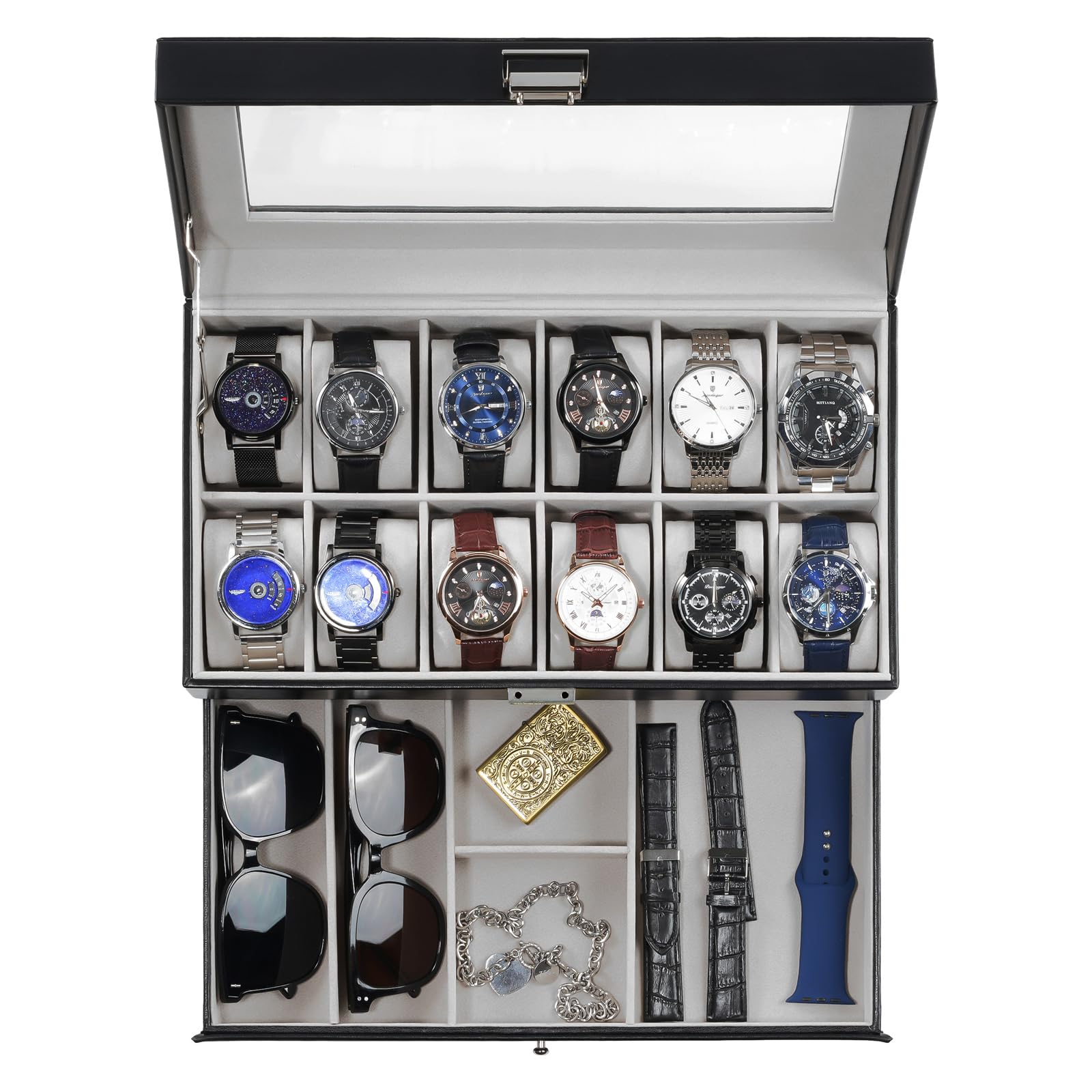 ProCase 12-Slot Watch Box for Men & Women - 2-Layer Watch Organizer with Glass Lid & Drawer - Premium Watch Display Case for Jewelry & Watch Storage - Perfect for Travel, Home Display & Gift Giving