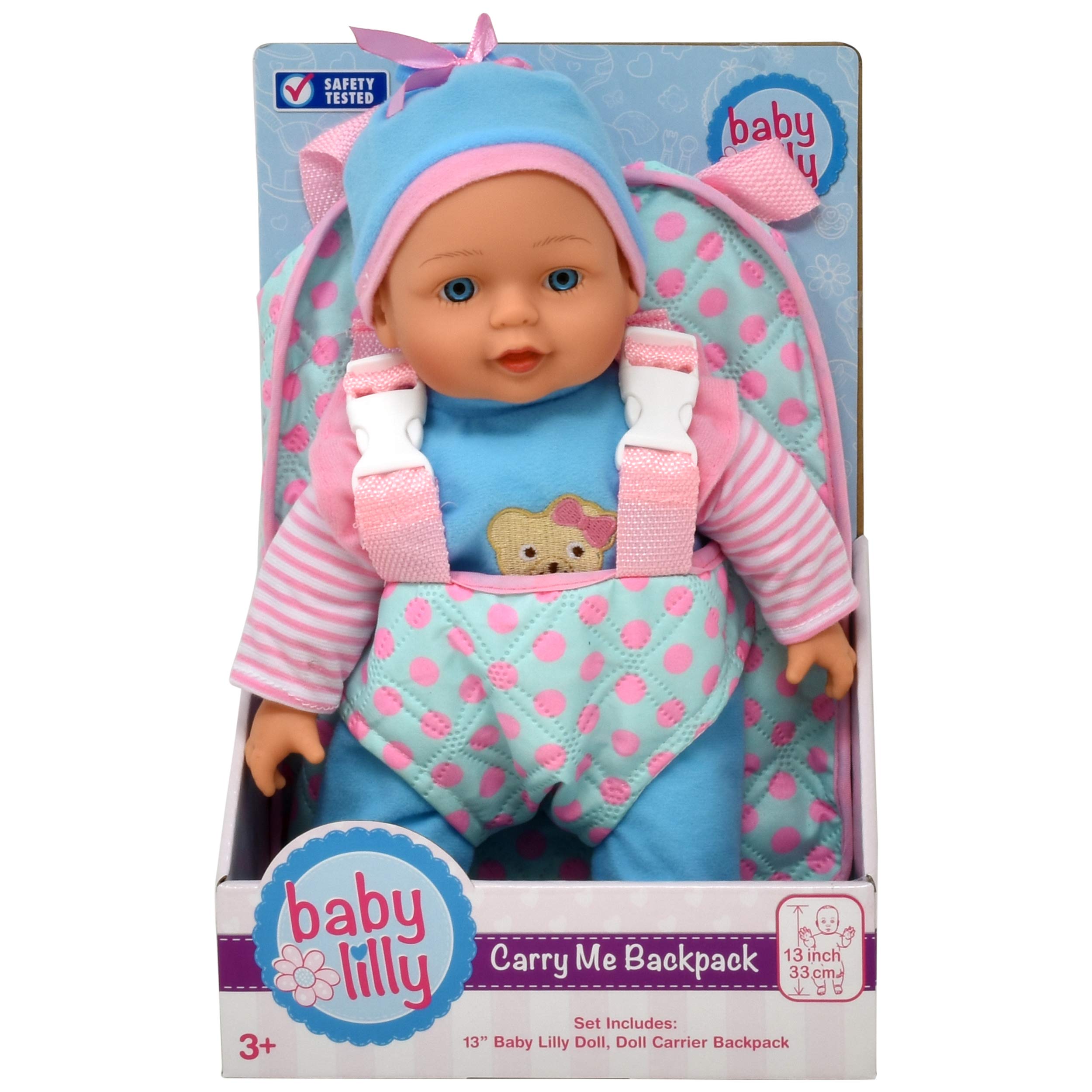 13-inch Soft Baby Doll with Pink Backpack Carrier - Fits Accessories & Clothes - Perfect for Pretend Play, Travel & Gifts for Toddlers