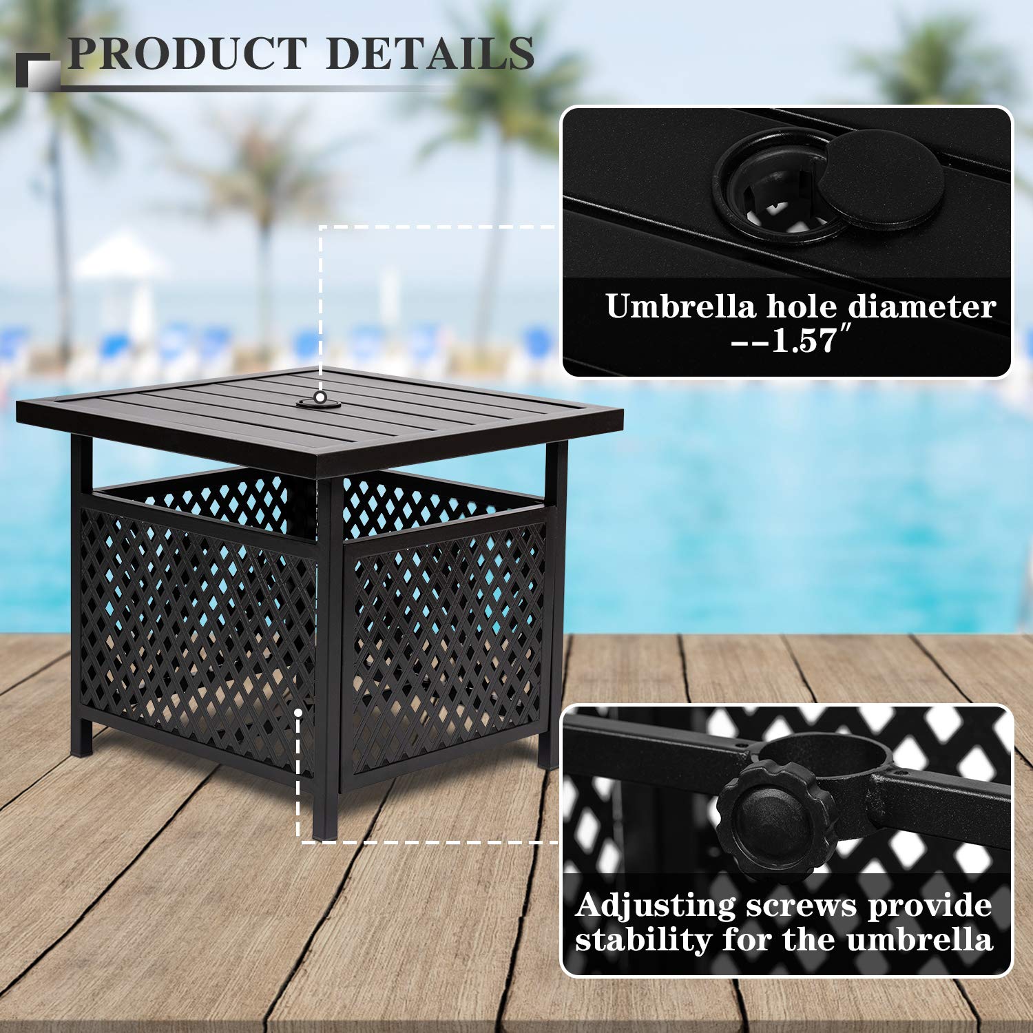 Betterland Outdoor Umbrella Side Table - Black Metal Square Patio Coffee Table with 1.57