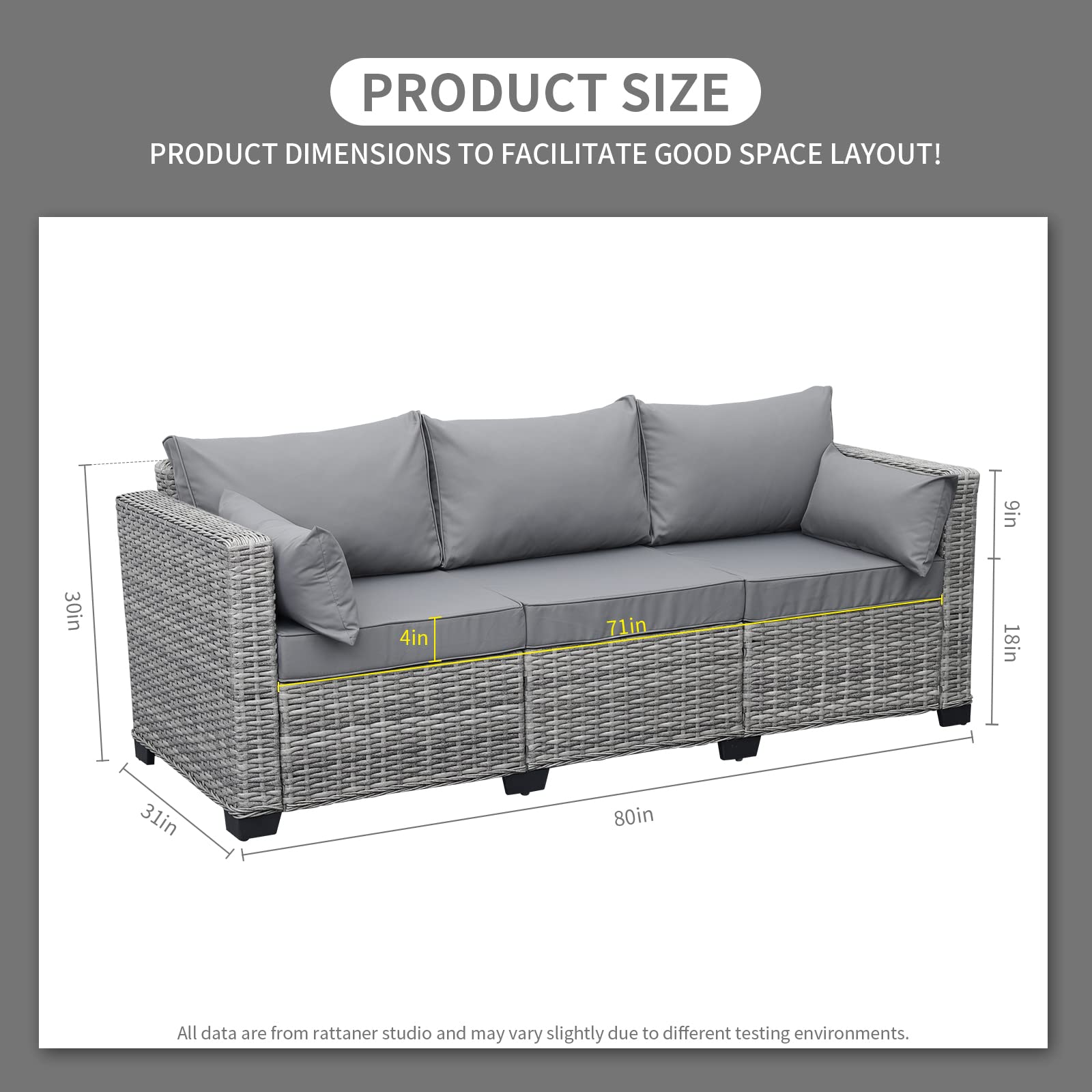 Rattan Outdoor Furniture 3-Seater Patio Sofa - Grey Wicker Deep Seat Couch with High Backrest, Waterproof Cover & Anti-Slip Cushions for Garden, Poolside, and Backyard Relaxation