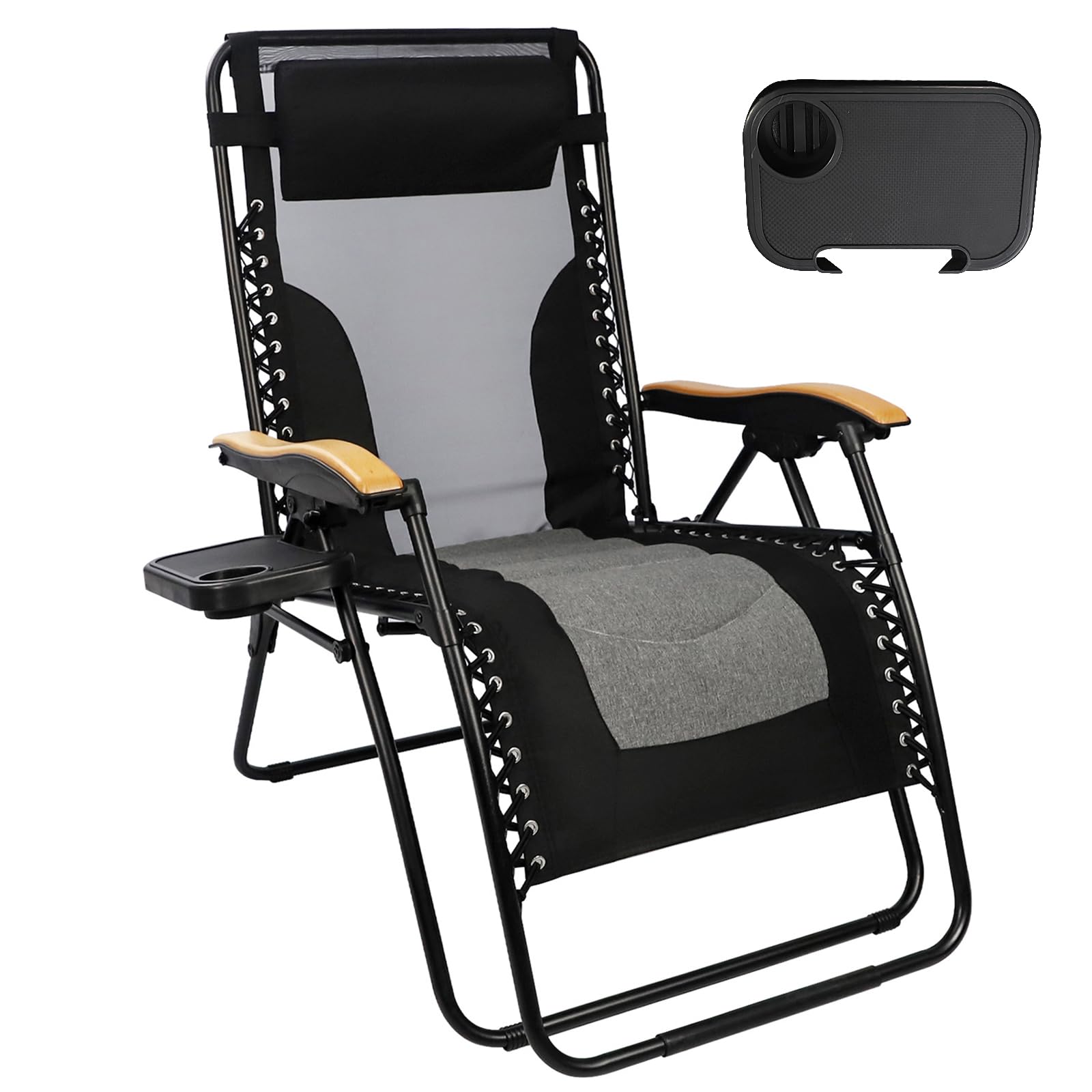 Northroad Oversized Zero Gravity Chair 29In XL - Padded Folding Recliner with Headrest, Wooden Armrests, Cup Holder & Side Tray - Supports 400lbs - Indoor/Outdoor Use for Patio, Backyard, Poolside, Camping - Mesh Black/Gray