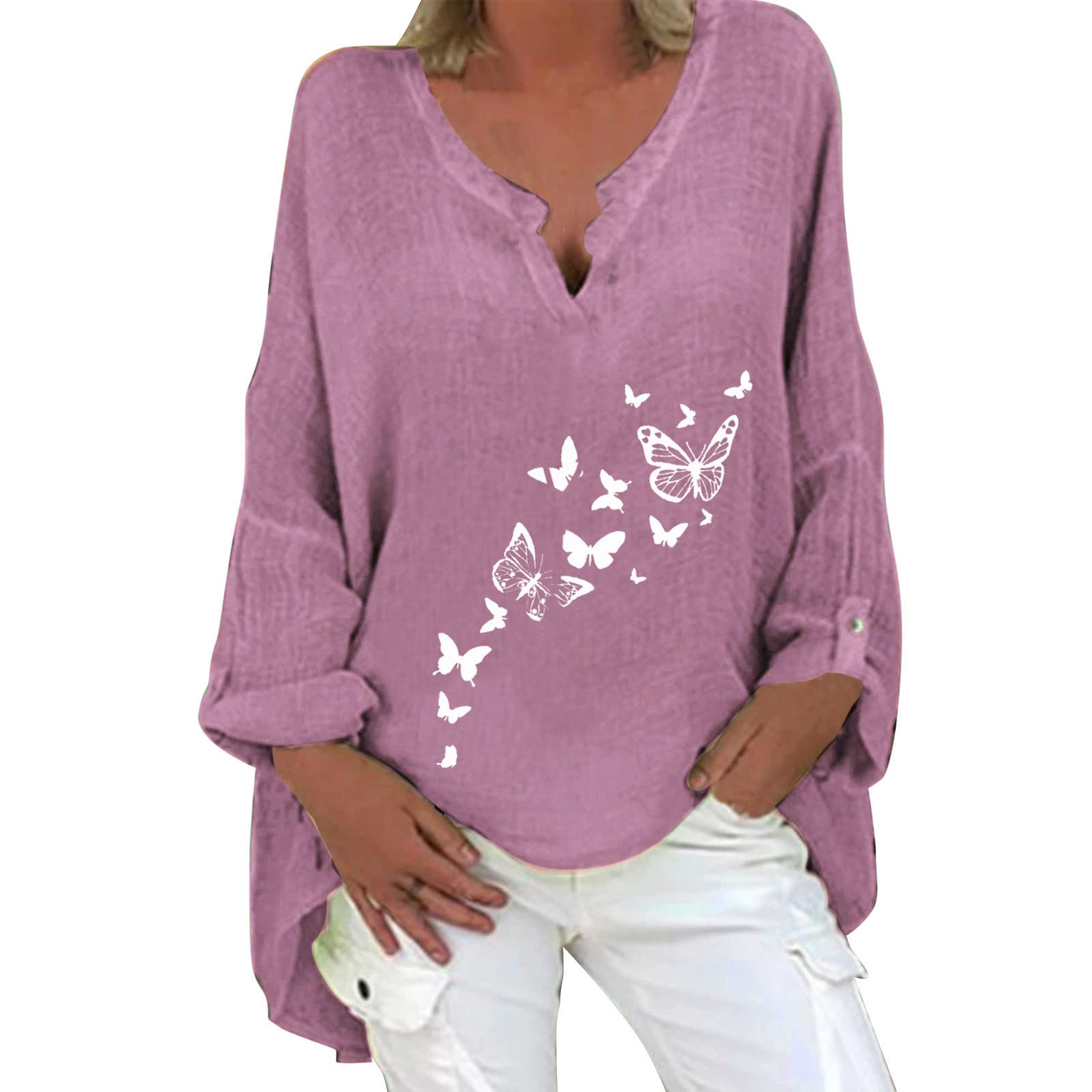 Women's Summer Cotton Linen Long Sleeve V-Neck Tunic Blouse - Plus Size Casual Work Tops & Solid Color T-Shirts for Office, Travel & Everyday Wear