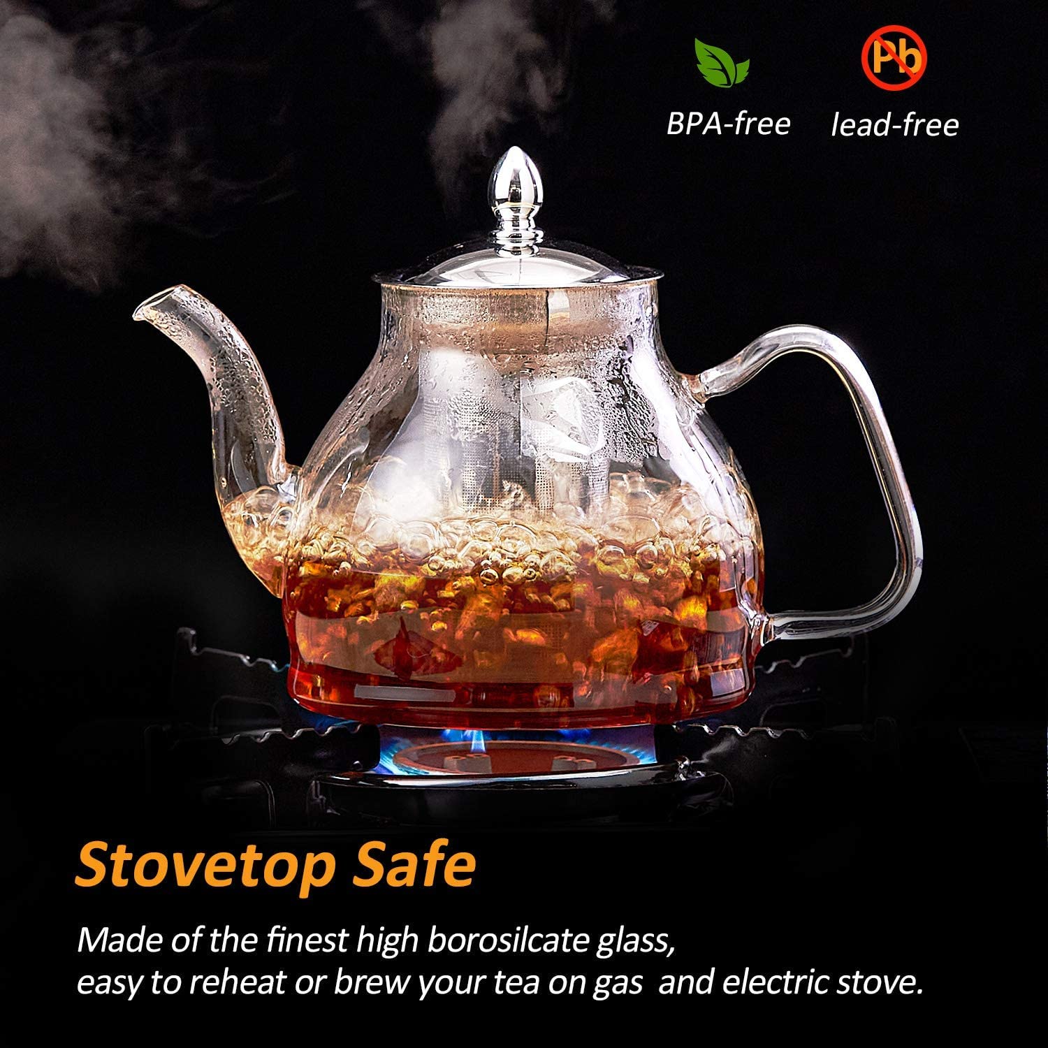 Premium 40oz Glass Teapot with Removable Stainless Steel Infuser - Perfect for Blooming Tea, Loose Leaf Tea & Herbal Brews - Stovetop & Microwave Safe Gooseneck Kettle - Elegant Gift Box Included - Ideal for Home, Office & Tea Ceremonies