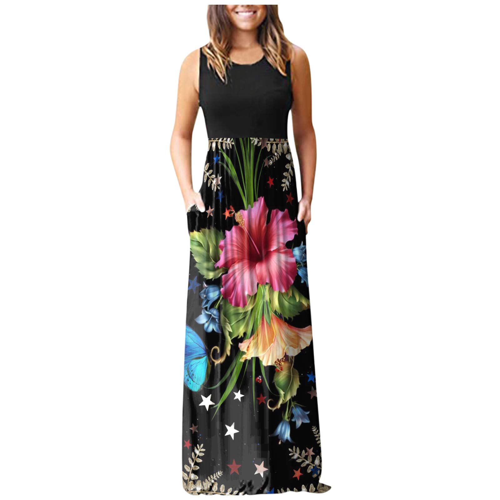Women's Floral Print Summer Maxi Dress - Sleeveless Casual Beach Dress with Pockets - Perfect for Vacation, Travel, and Outdoor Events