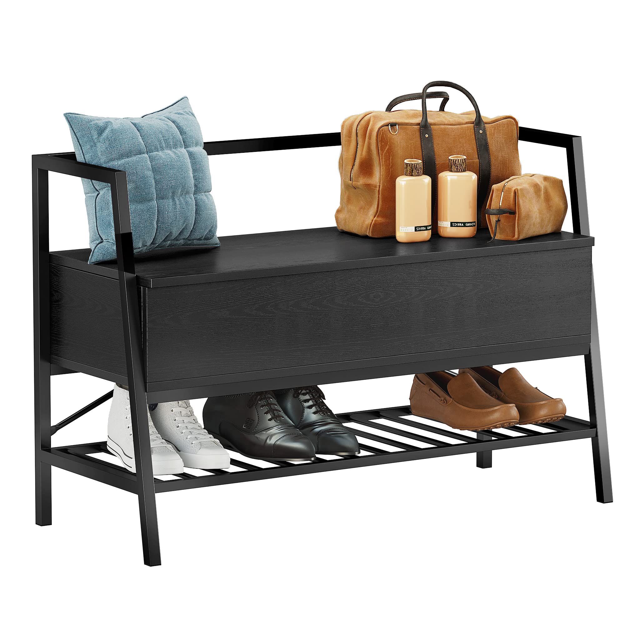 IRONCK Lift Top Storage Bench with Shoe Rack - Industrial Entryway Shoe Organizer for Hallway, Bedroom & Living Room - Black | Perfect for Small Spaces & Entryway Organization