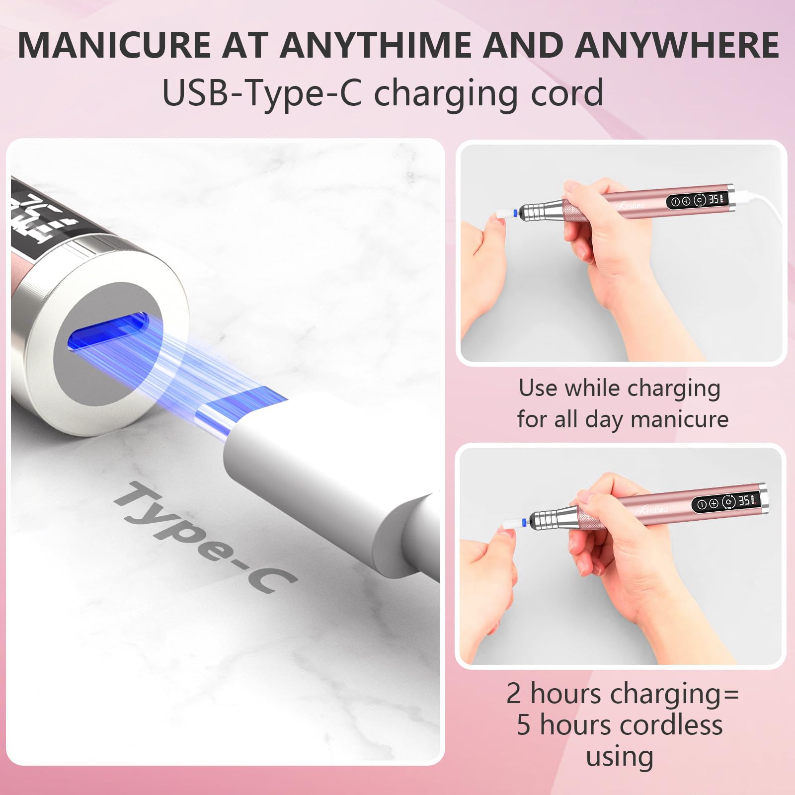 Kredioo 35000RPM Cordless Electric Nail Drill Kit - Rechargeable Portable Nail File with Ceramic Bits & Travel Case for Acrylic, Dip Powder, Gel Polish Removal | Perfect for Home Manicures & Salon Professionals