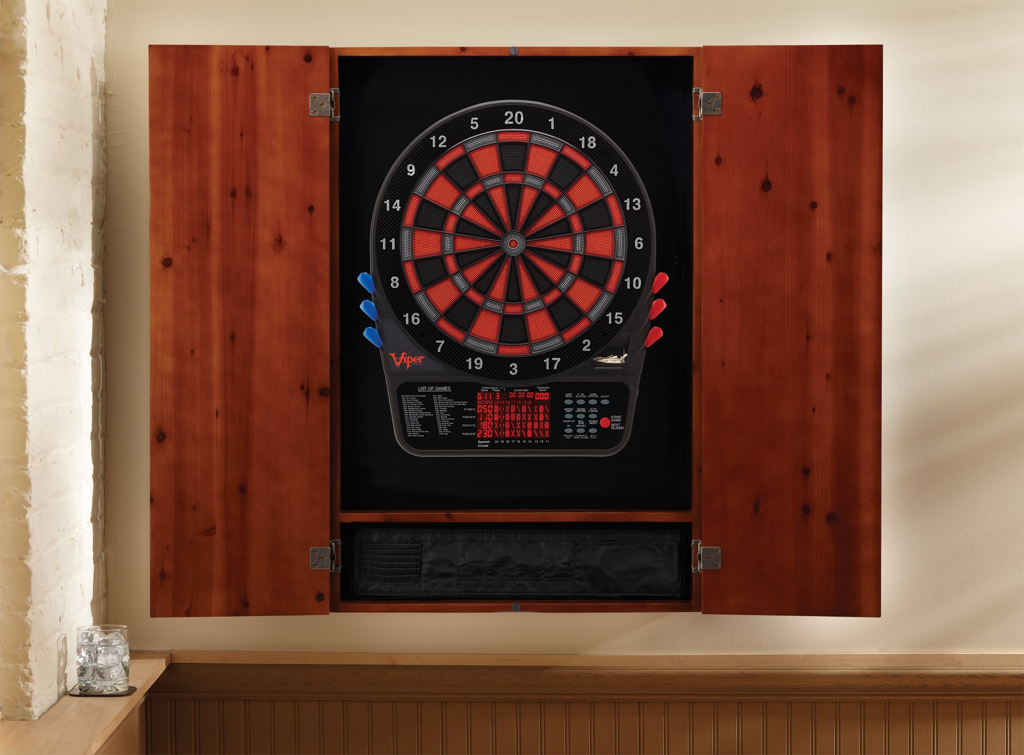 Premium Viper Metropolitan Solid Wood Dartboard Cabinet with Electronic Dartboard – Ready-to-Play Bundle Includes 2 Sets Soft-Tip Darts & Integrated Storage – Multiple Stain Options – Perfect for Game Rooms, Bars, and Home Entertainment