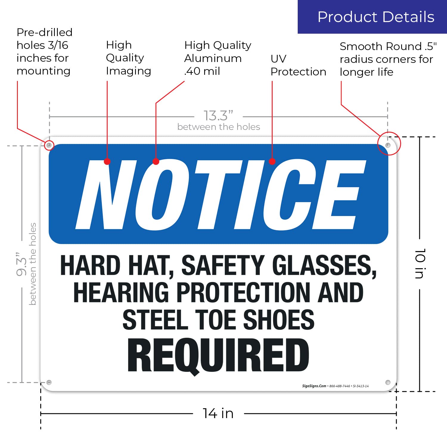 OSHA Compliant Safety Sign - Hard Hat, Safety Glasses, Hearing Protection & Steel Toe Shoes Required - 10x14 Inch Rust-Free .040 Aluminum Sign - Fade Resistant for Indoor/Outdoor Use - Made in USA - Perfect for Construction Sites, Warehouses & Industrial Workplaces