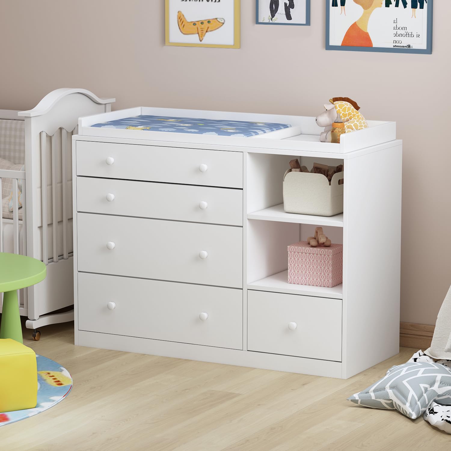 AIEGLE White 5-Drawer Baby Dresser with Storage Shelves - 47.6