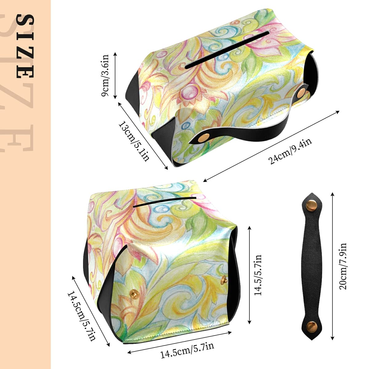 Floral PU Leather Tissue Box Cover - Rectangle Hanging Tissue Holder Dispenser for Bathroom, Bedroom, Dresser - 9.4x5.1x3.6 Inches - Perfect for Home Decor & Gift Giving