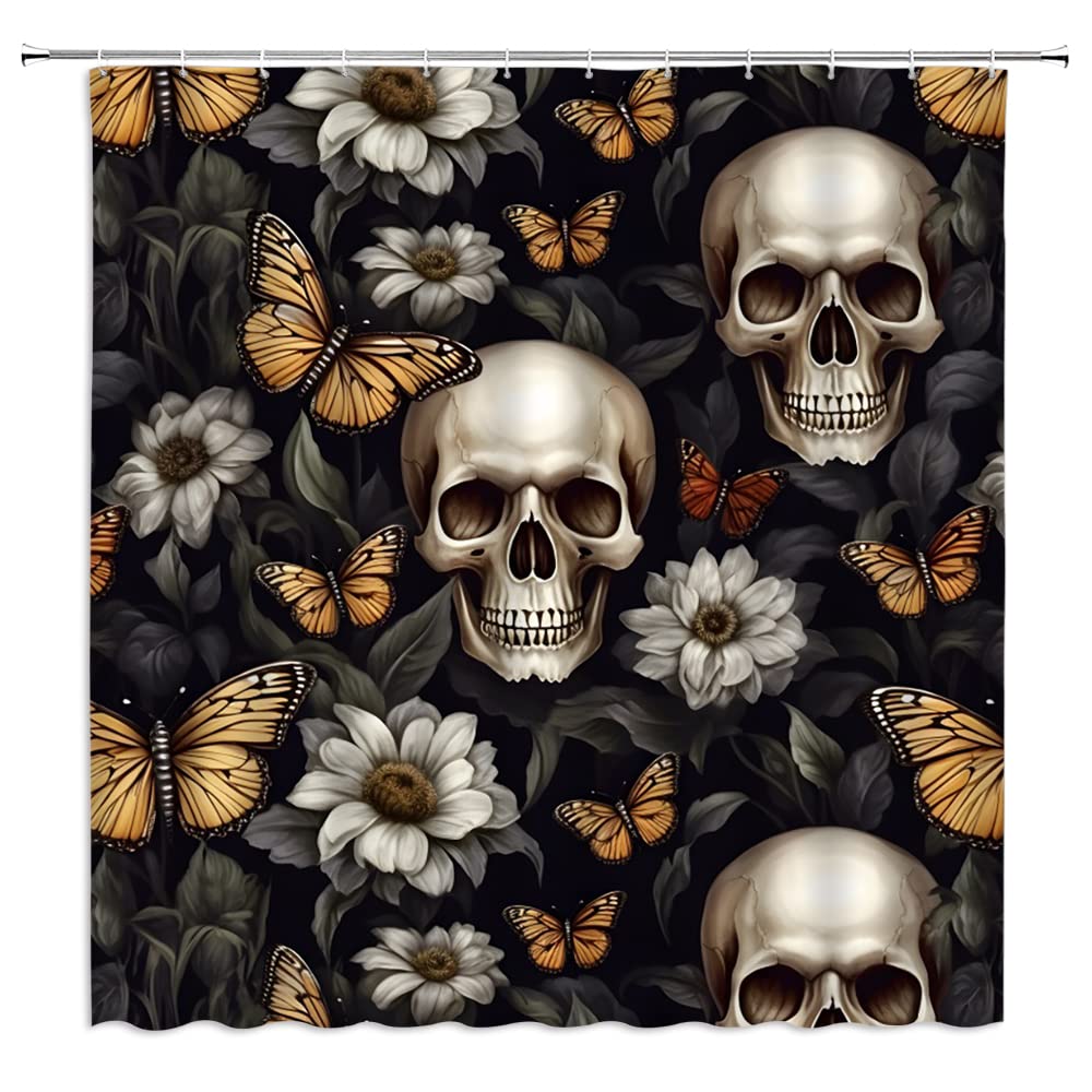 QYVLHD Skull & Rose Shower Curtain - Gothic Halloween Bathroom Decor with Butterfly & Leaf Design, 59x71 Inch Waterproof Polyester Set with Hooks - Perfect for Spooky Bathroom, Haunted House, or Gothic Home Decor