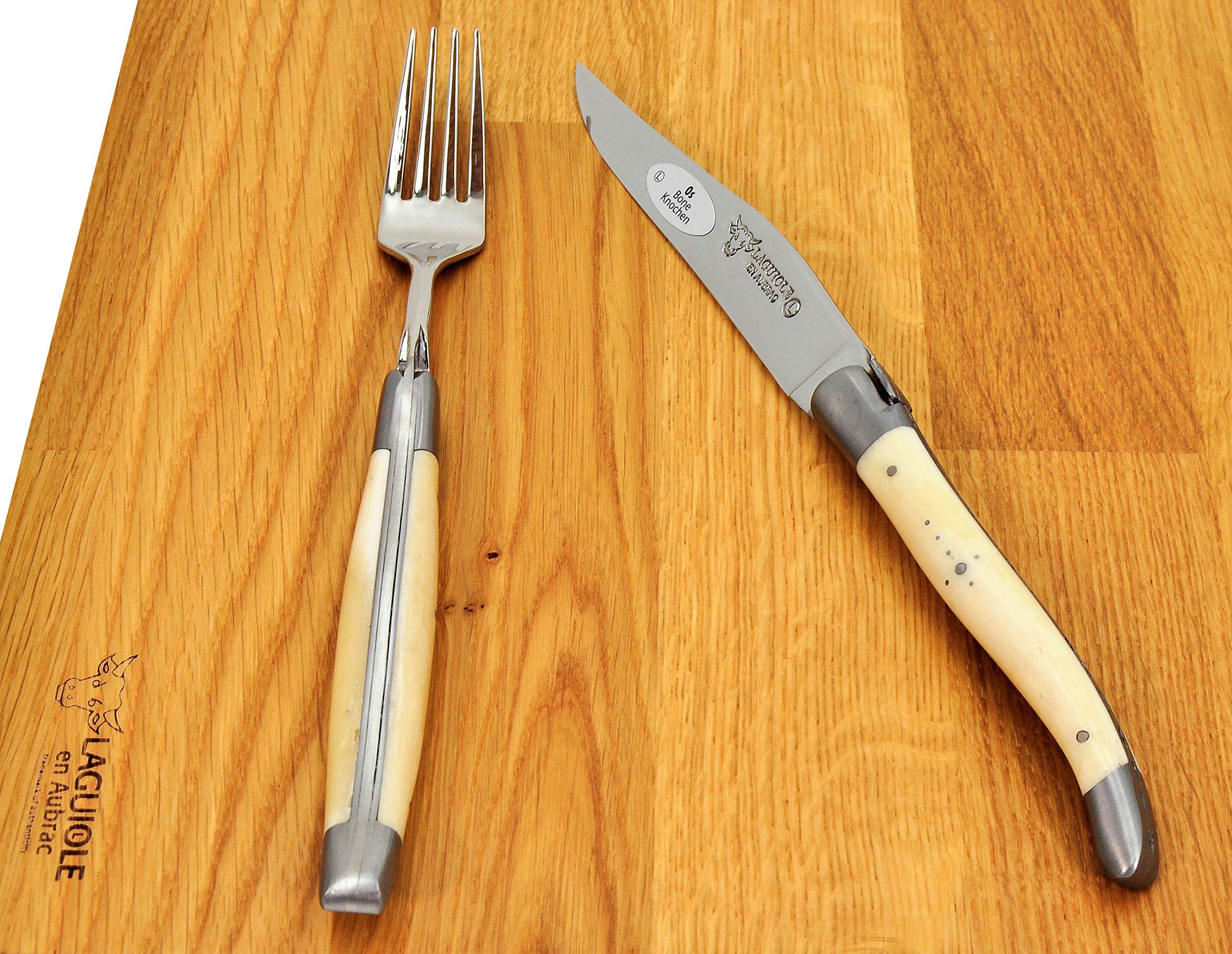 Premium Laguiole en Aubrac 4-Piece Steak Knife Set with 4 Forks - Stainless Steel Blades & Elegant Bone Handles - Perfect for Fine Dining, BBQ Parties & Gourmet Steakhouse Experience