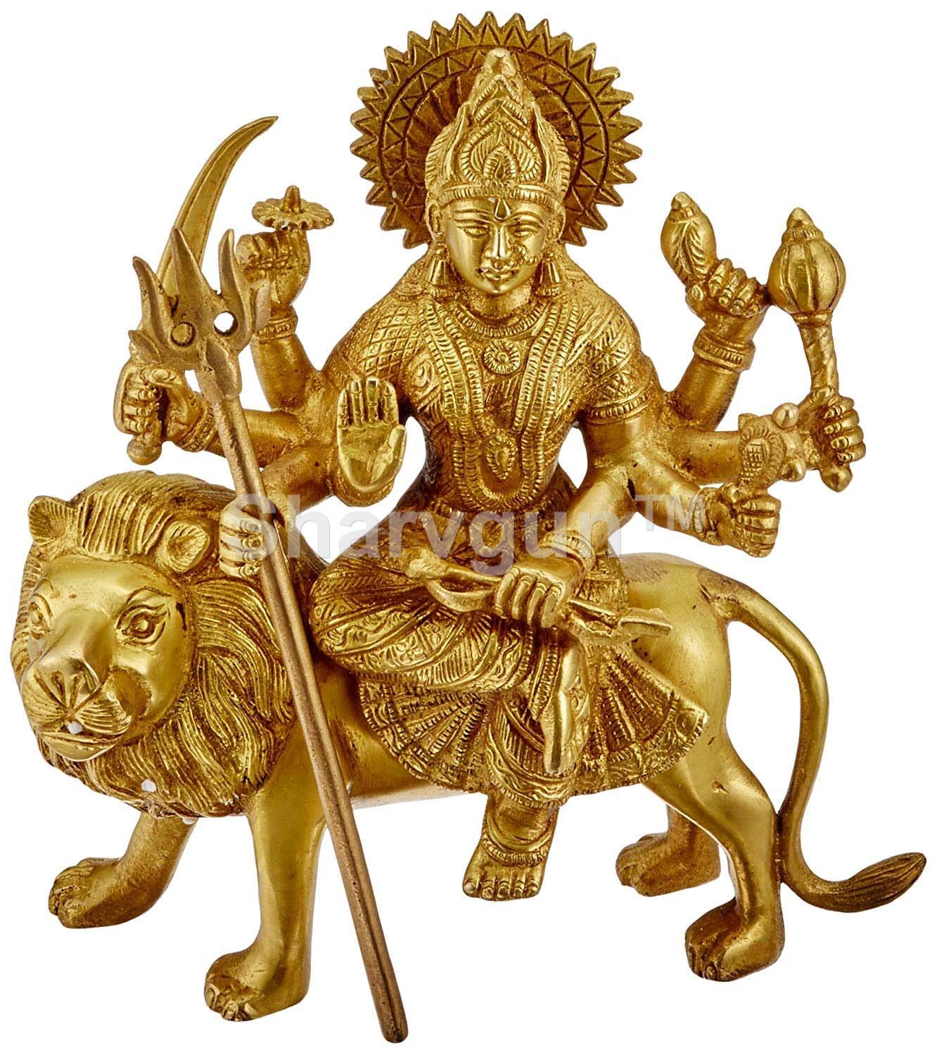 Handmade Brass Goddess Durga Statue - Indian Hindu Puja Idol for Home Altar & Spiritual Decor (9.5 x 8.5 x 2.75 Inches, Gold Finish) - Perfect for Meditation Spaces, Yoga Studios & Cultural Gift Giving