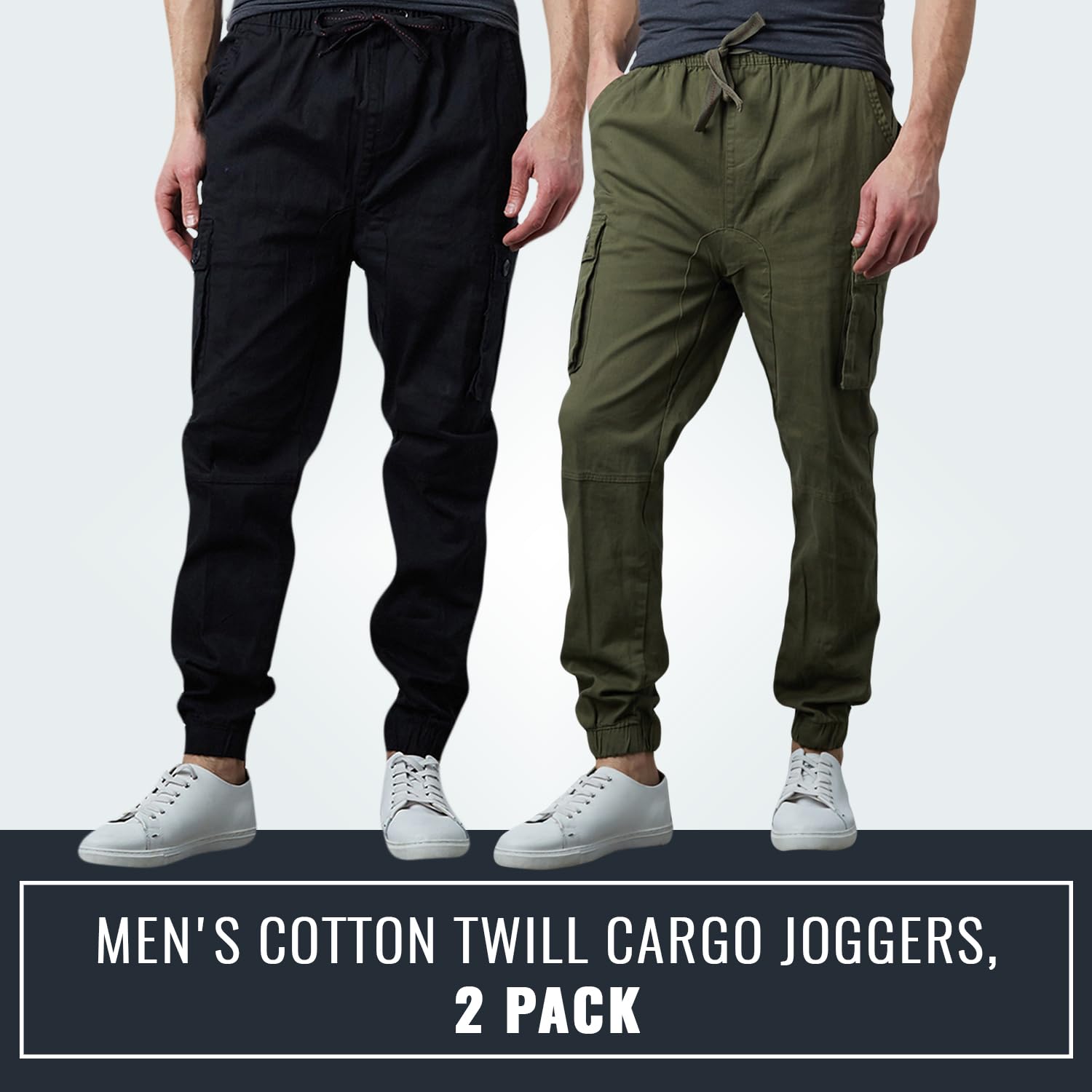 Men's Cotton Twill Cargo Joggers - Stretch Multi-Pocket Drawstring Pants for Casual Wear, Lounge & Outdoor Activities (2-Pack) | Perfect for Gym, Travel & Everyday Comfort