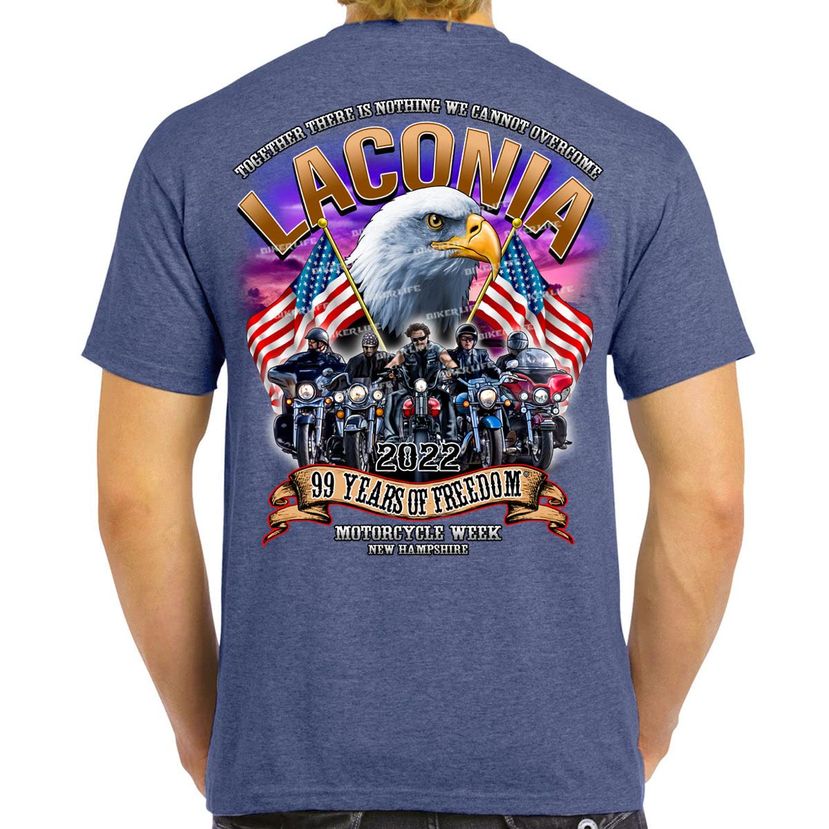 Biker Life Clothing 2022 Laconia Motorcycle Week America Strong T-Shirt - Motorcycle Enthusiast Apparel for Riders & Events