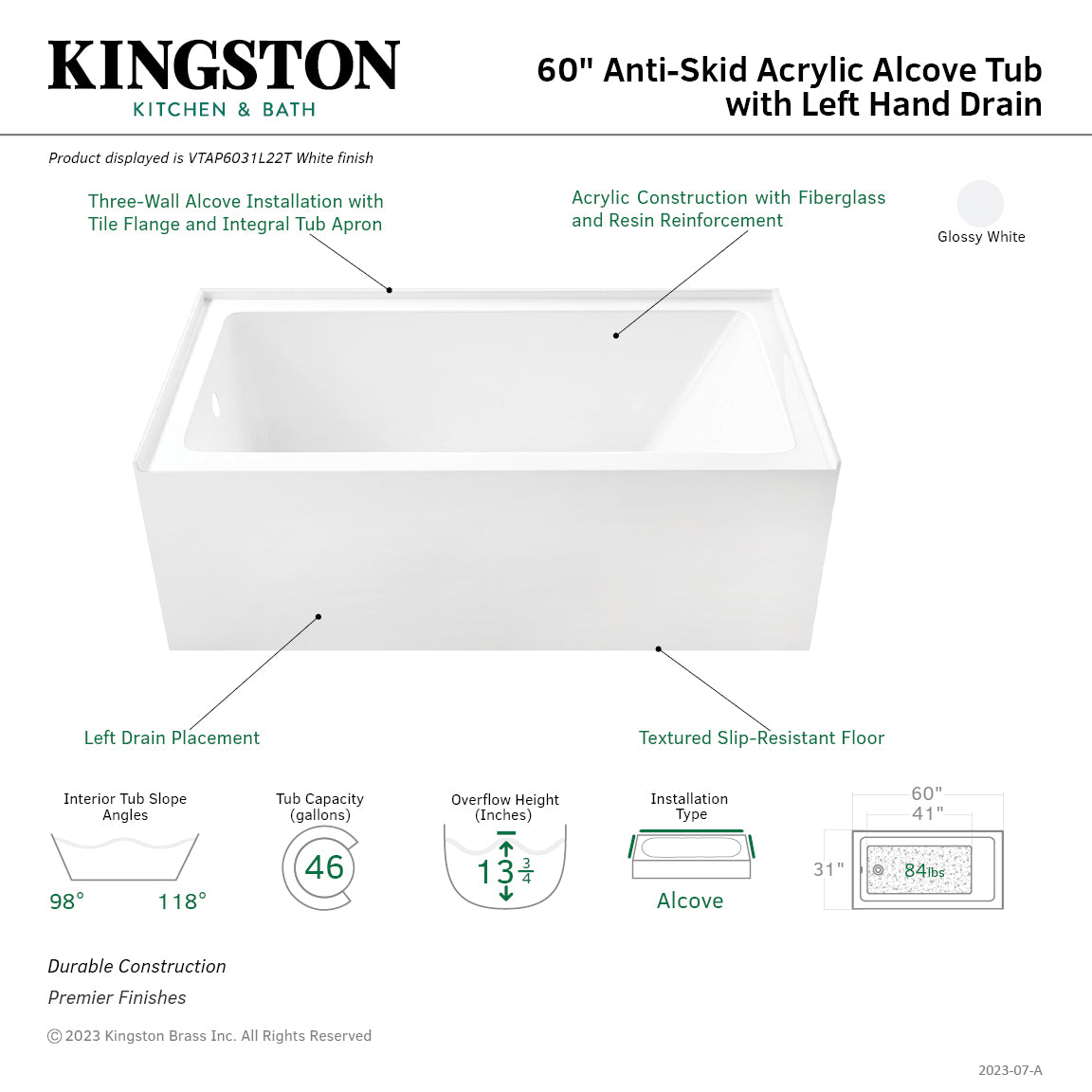 Aqua Eden 60 Inch Acrylic Rectangular 3 Wall Alcove Bathtub - Anti-Skid Surface, Left Drain, Glossy White | Freestanding Soaking Tub for Bathroom Remodel & Spa Relaxation