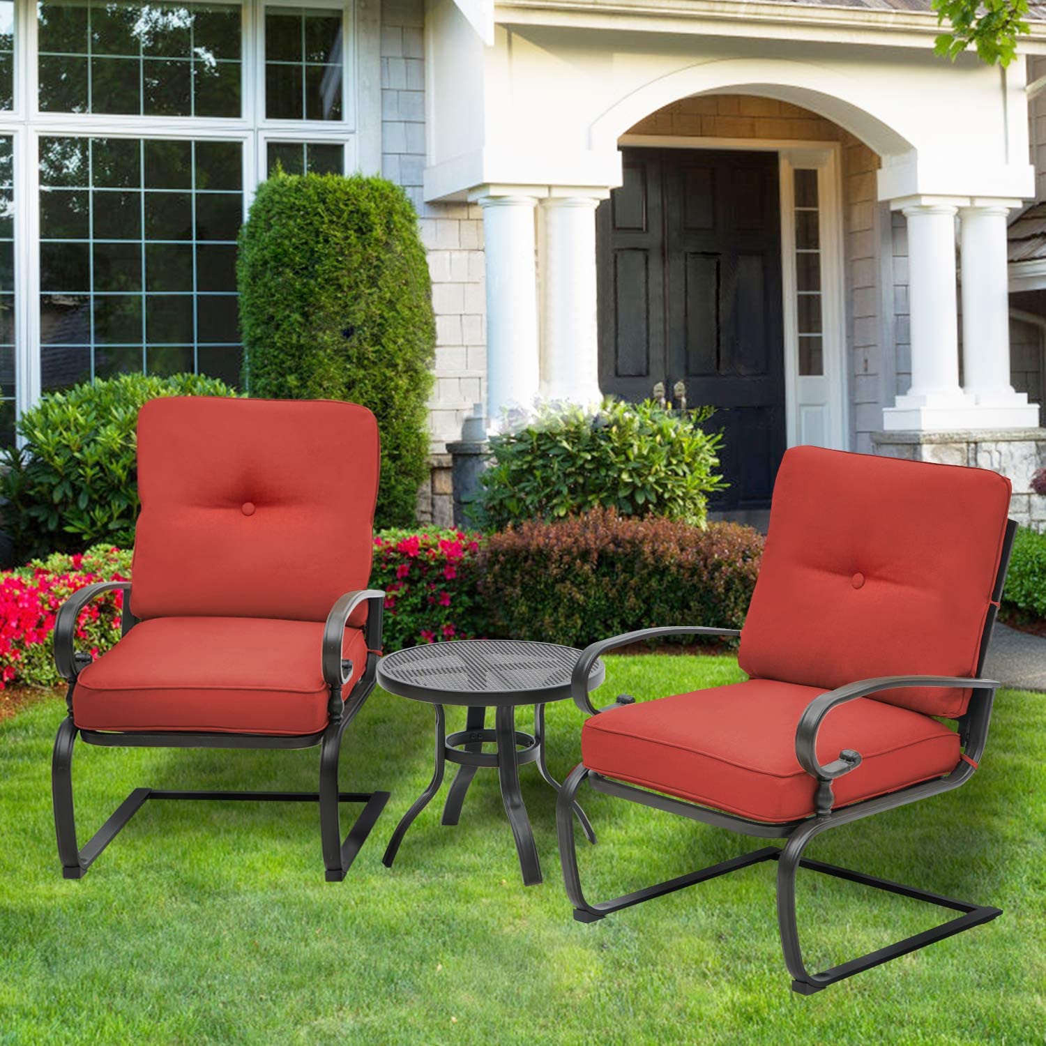 SUNCROWN 3-Piece Outdoor Patio Bistro Set with Spring Motion Chairs & Round Cafe Table - Steel Frame Garden Furniture with Cushions (Red) - Perfect for Backyard, Balcony, and Poolside Relaxation