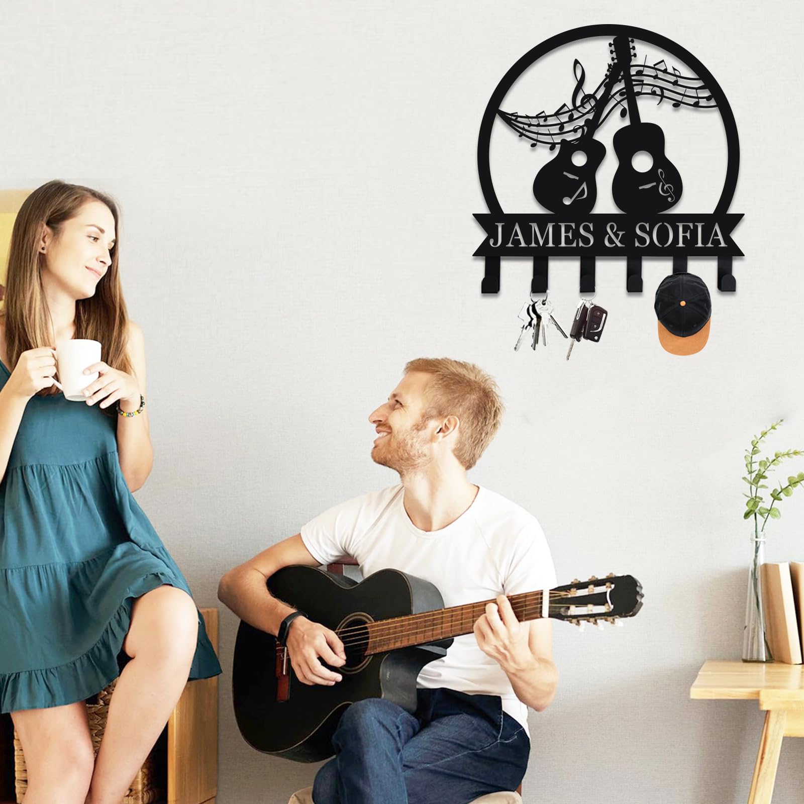 Custom Metal Guitar Key Holder Wall Mount - Personalized Wall Decor Key Organizer for Home, Office & Music Room