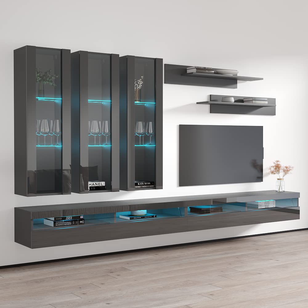 Modern Wall-Mounted TV Stand with Storage & LED Lights - Meble Fly E35 Entertainment Center for Bedroom & Living Room - Floating TV Console with Shelves (Gray) - Perfect for Small Spaces & Home Theater Setup