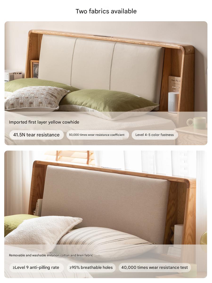 Solid Oak Wood Leather & Fabric Luminous Bed with Shelf - Modern Platform Bed Frame with Storage for Bedroom, Guest Room, or Dorm