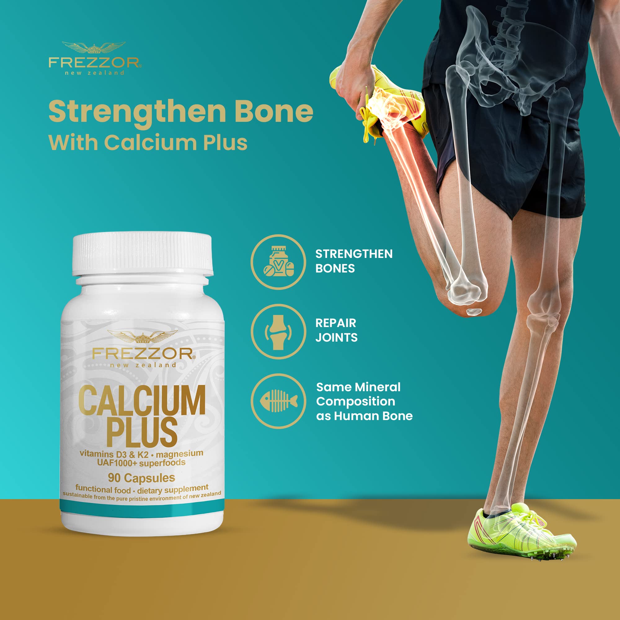FREZZOR Calcium Plus with UAF1000+ | New Zealand Natural Raw Calcium Supplement for Bone Strength, Teeth Health & Cardiovascular Support | Contains Phosphorus, Magnesium, Collagen & Selenium | 90 Capsules per Bottle | Ideal for Daily Wellness, Active Lifestyles & Senior Health Support