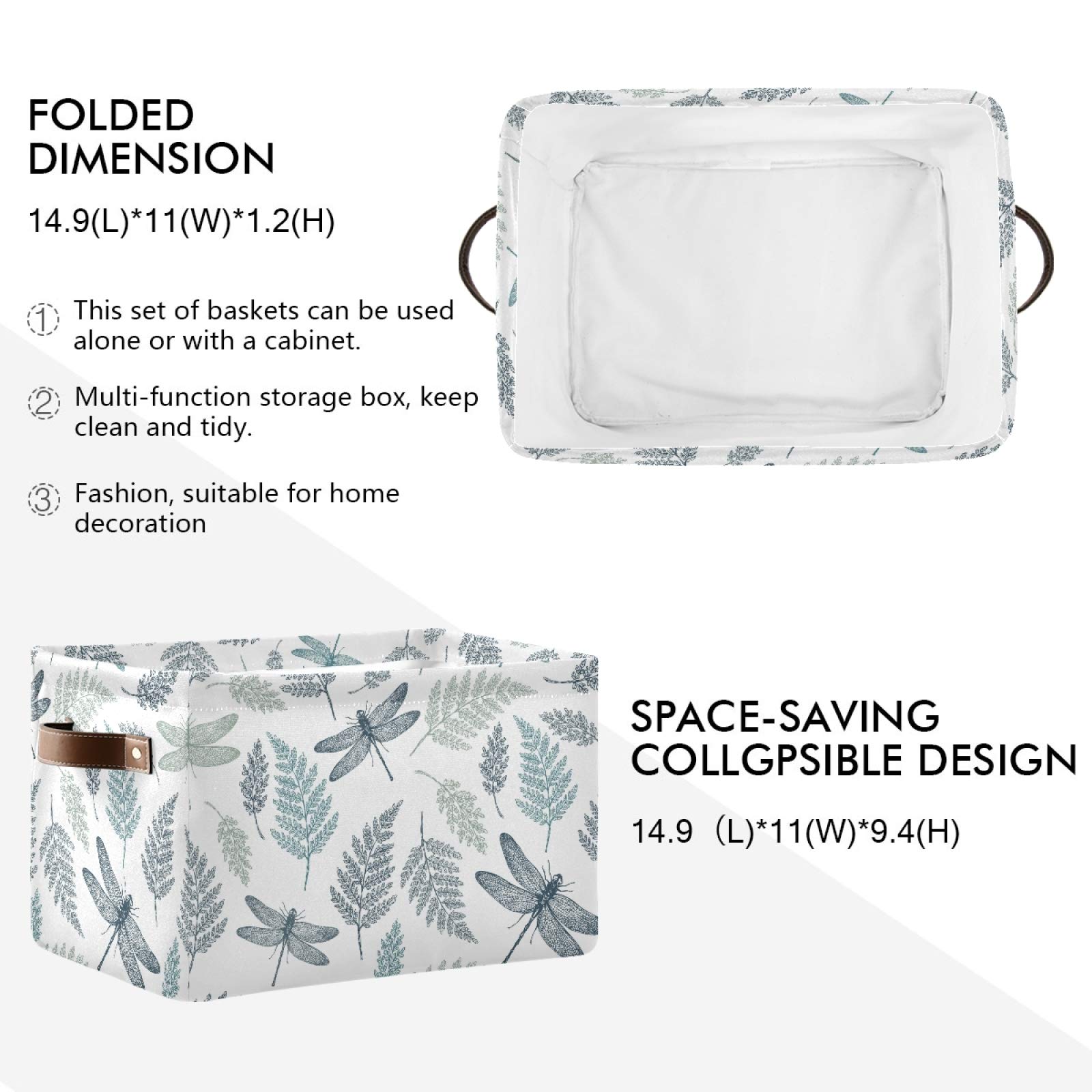 Susiyo Large Foldable Storage Bin - Fern Botanical Dragonfly Fabric Collapsible Basket with PU Handles for Home Organization | Perfect for Shelves, Closet, Bedroom & Living Room Storage (1-Pack)