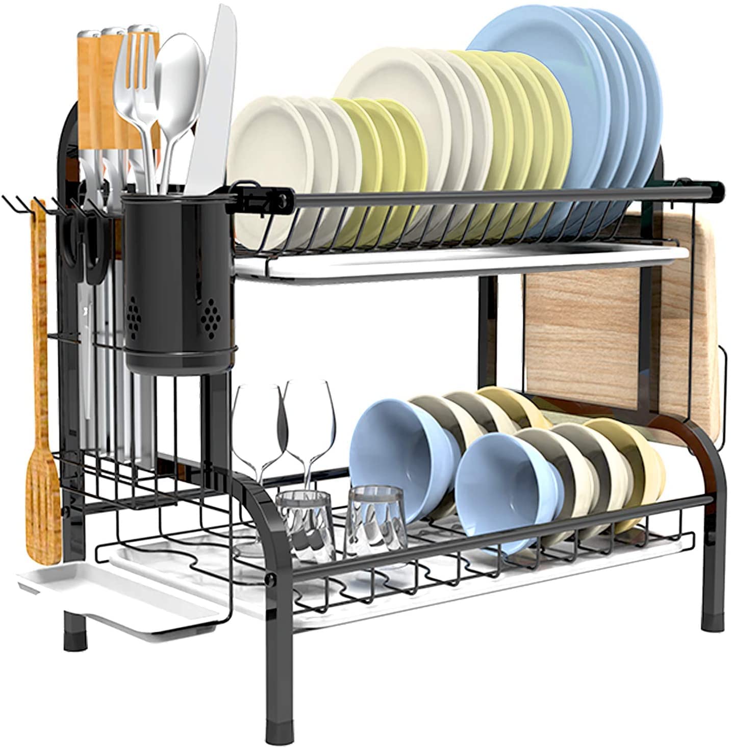 2-Tier Stainless Steel Dish Drying Rack with Drainboard & Cup Holder - Space Saving Kitchen Counter Organizer for Plates, Bowls & Utensils | Perfect for Small Kitchens, Apartments & RVs